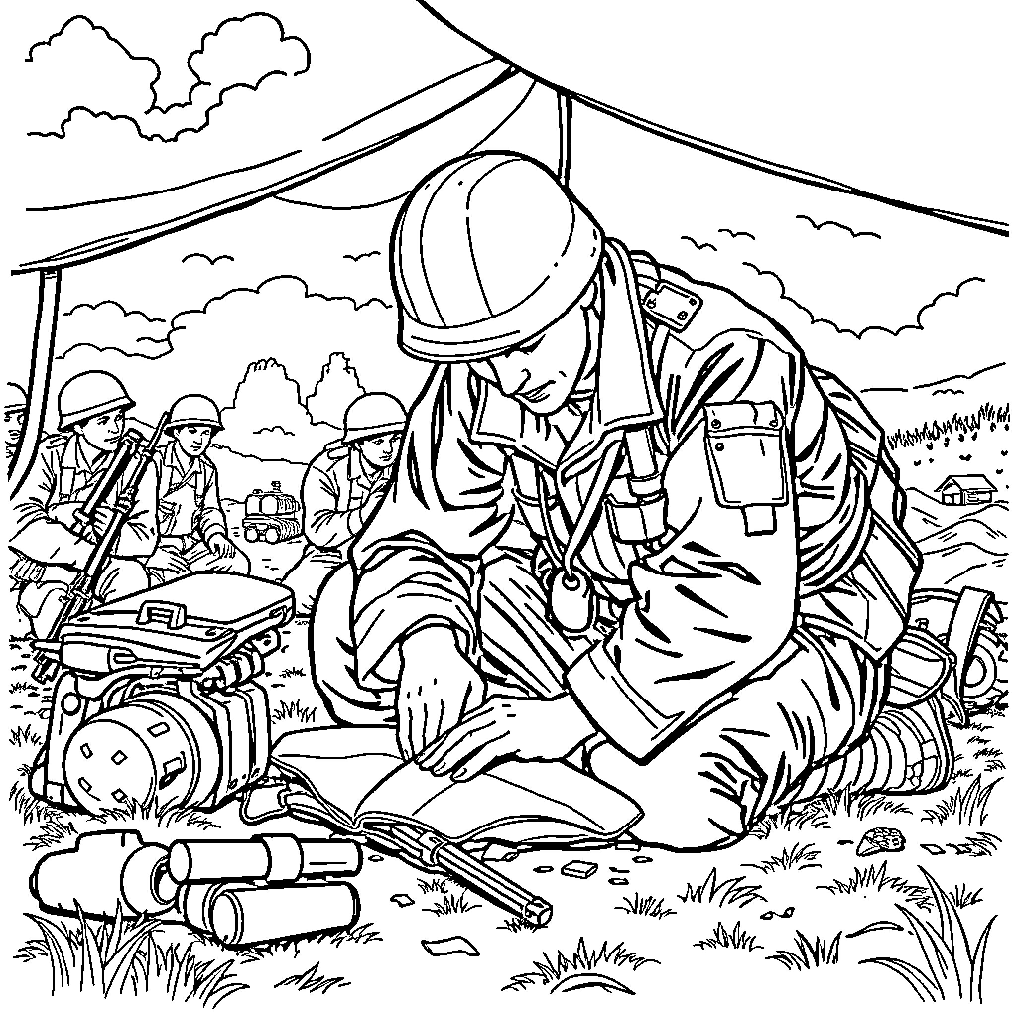 Soldier tending to injured comrade in the field Coloring Page (free black-and-white line drawing printable PDF for all, from beginners to advanced learners, including children, teens, adults, and seniors)