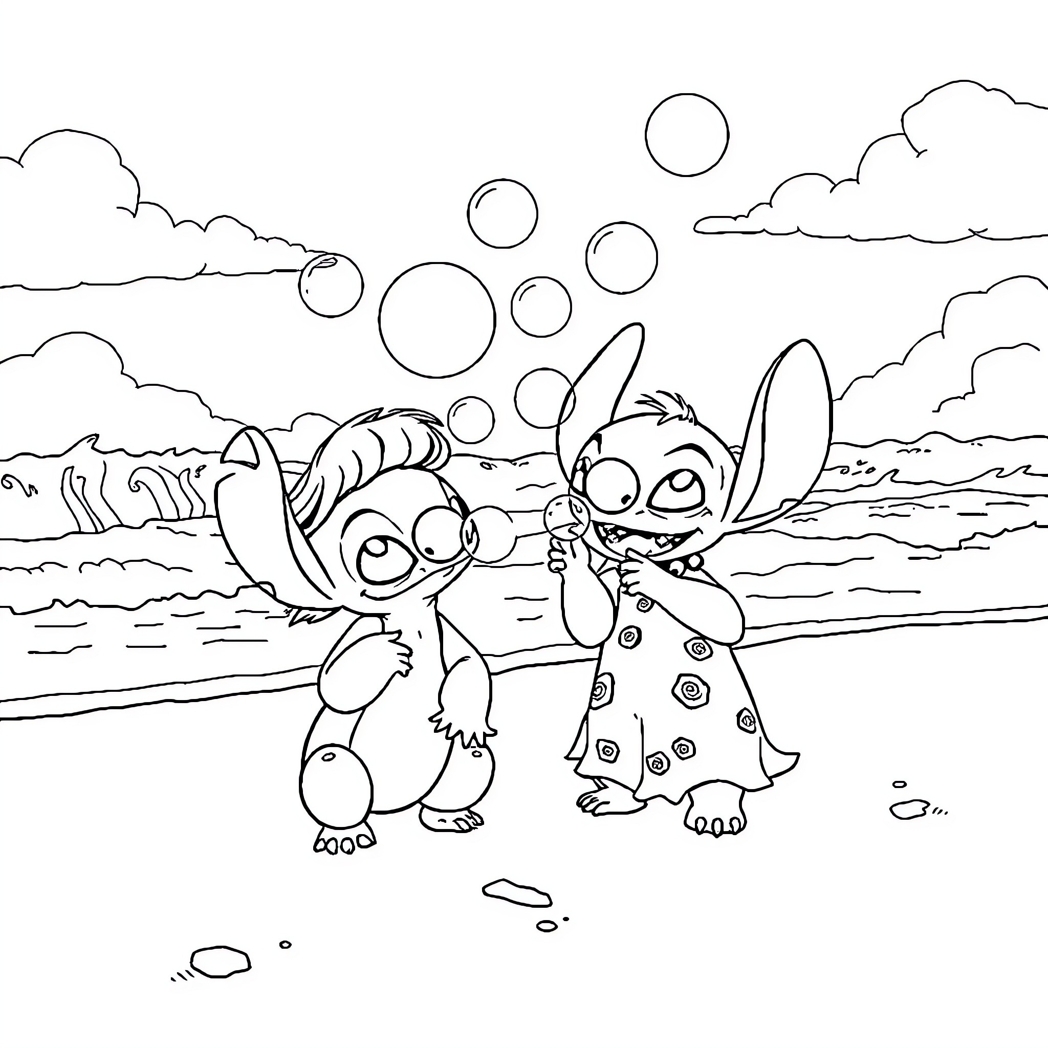 Lilo and Stitch playing on the beach Coloring Page (free black-and-white line drawing printable PDF for all, from beginners to advanced learners, including children, teens, adults, and seniors)