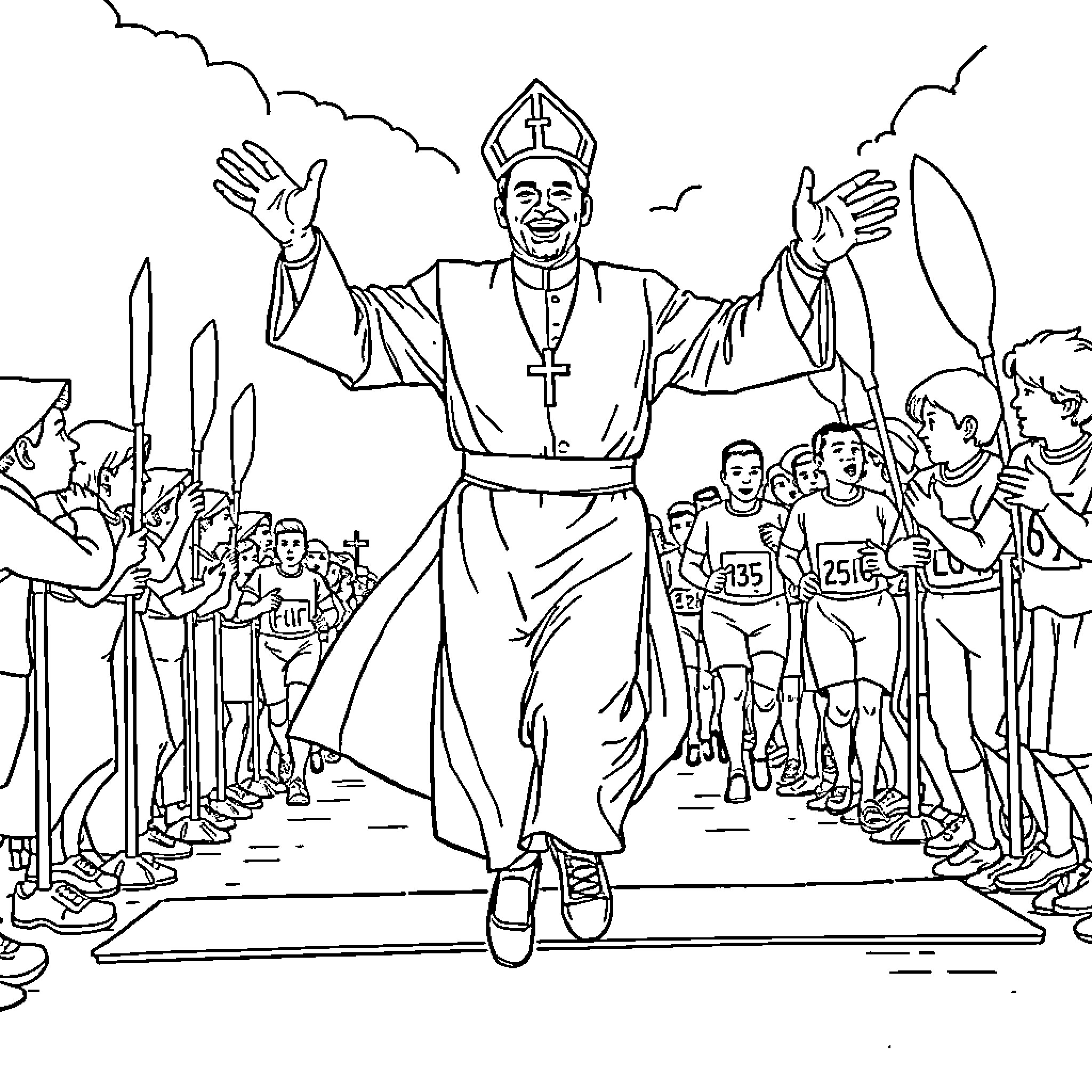 Priest leads congregation in procession Coloring Page (free black-and-white line drawing printable PDF for all, from beginners to advanced learners, including children, teens, adults, and seniors)
