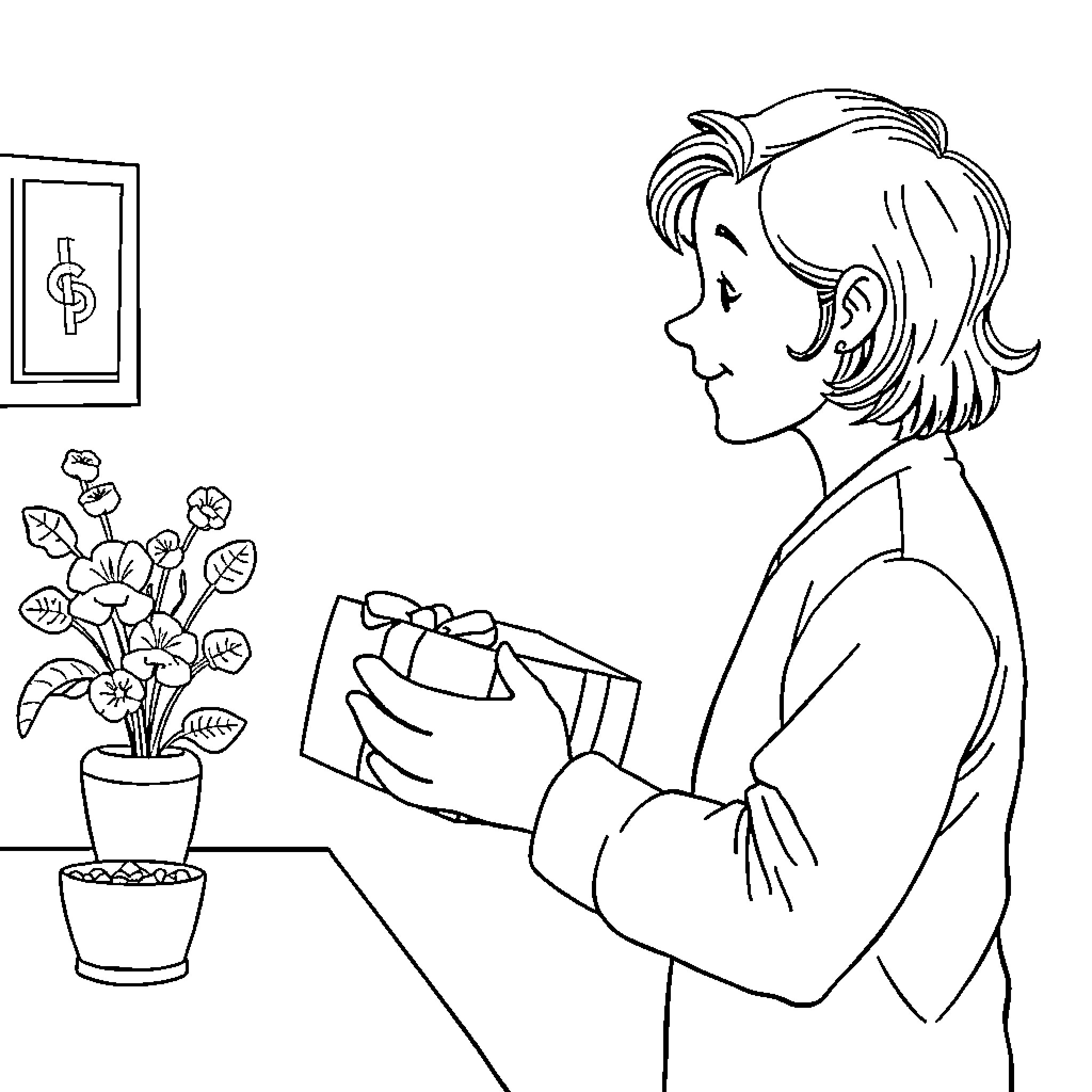 Got a Present Happily Admiring Flowers Coloring Page (free black-and-white line drawing printable PDF for all, from beginners to advanced learners, including children, teens, adults, and seniors)