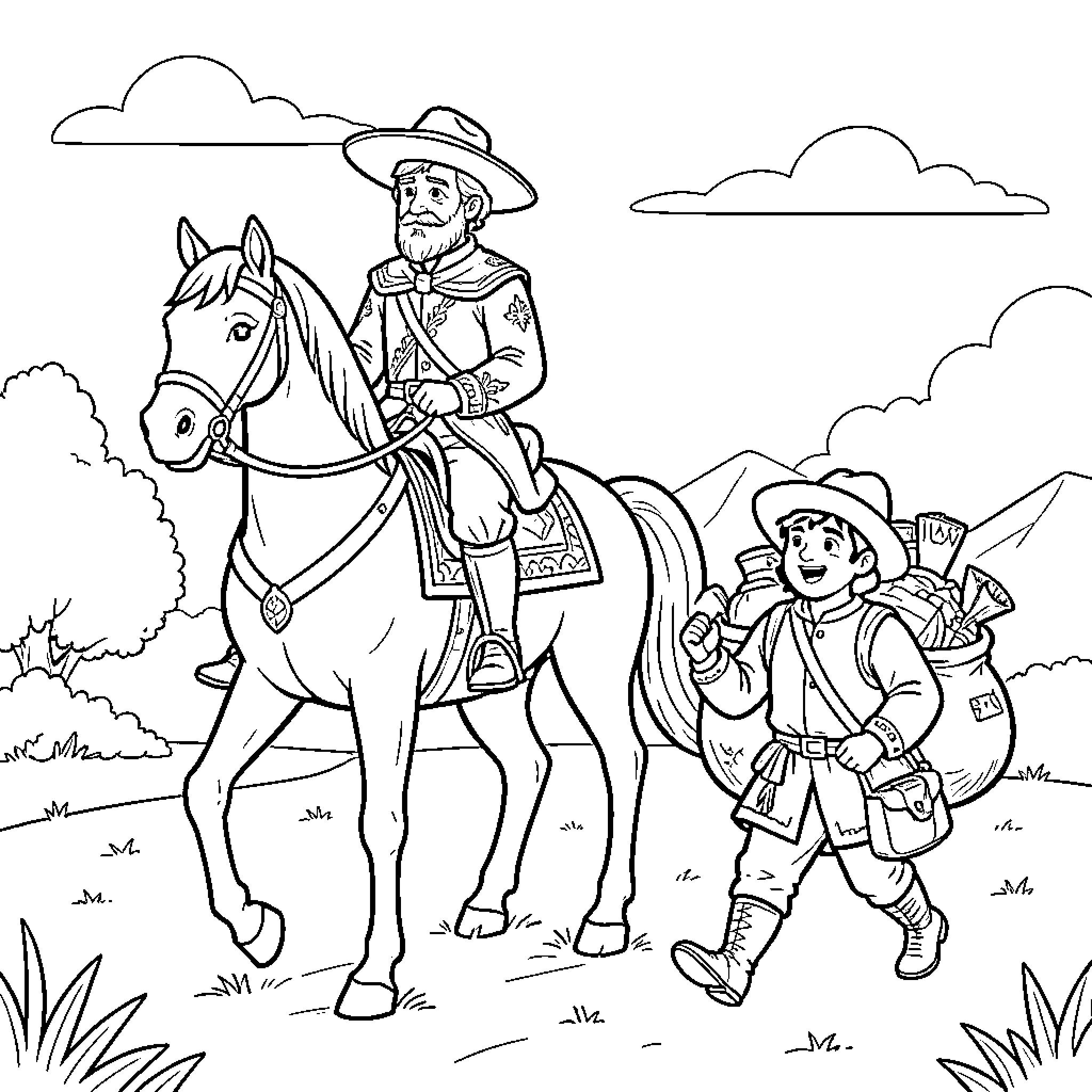Don Quijote and Sancho Panza on an adventure Coloring Page (free black-and-white line drawing printable PDF for all, from beginners to advanced learners, including children, teens, adults, and seniors)