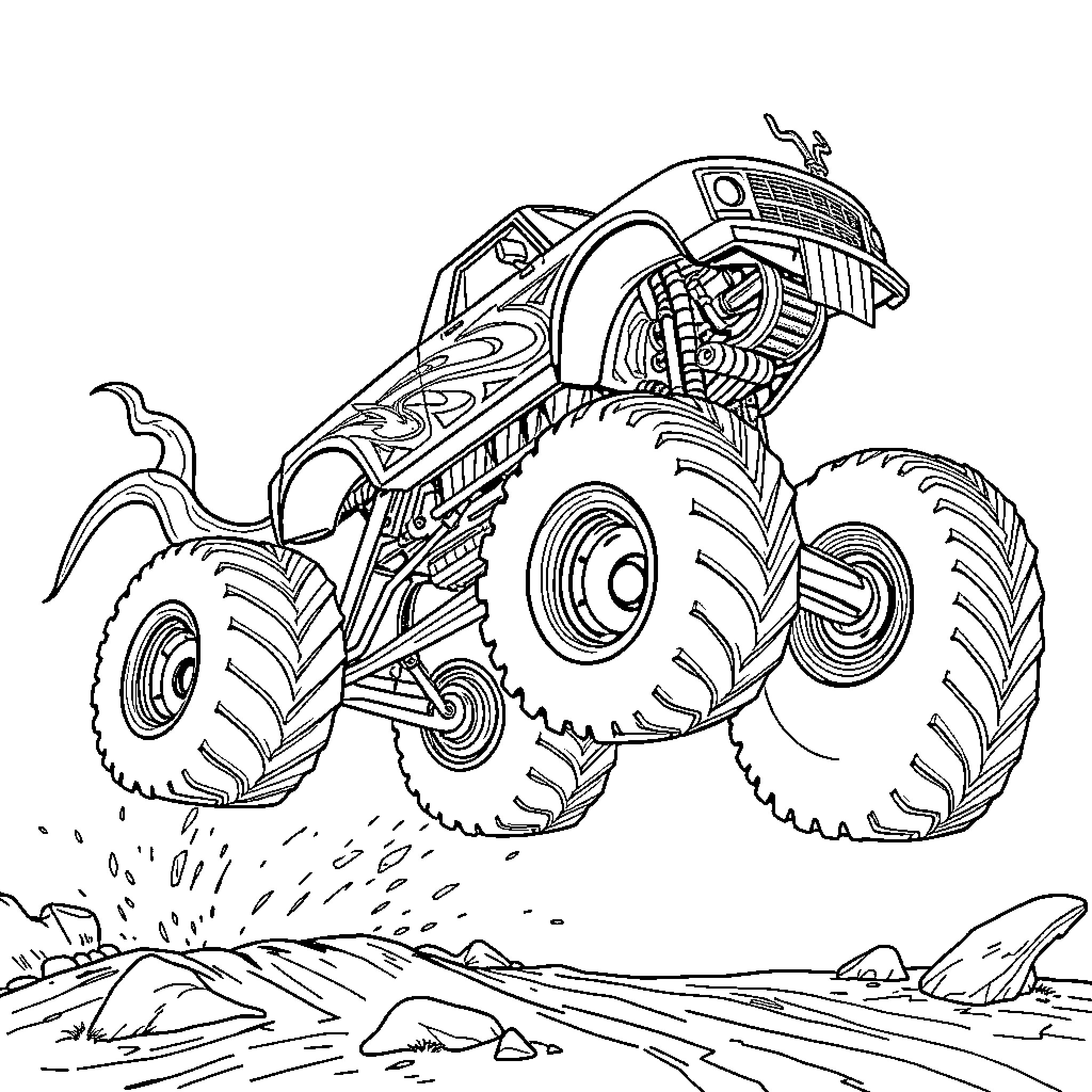 Monster Truck Performing Extreme Stunts Coloring Page (free black-and-white line drawing printable PDF for all, from beginners to advanced learners, including children, teens, adults, and seniors)