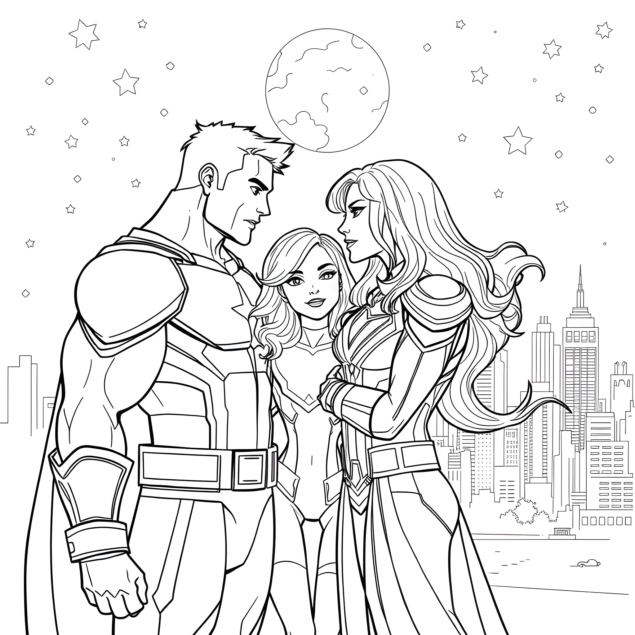 Marvel Character Family Enjoying Nighttime in the City Coloring Page (free black-and-white line drawing printable PDF for all, from beginners to advanced learners, including children, teens, adults, and seniors)