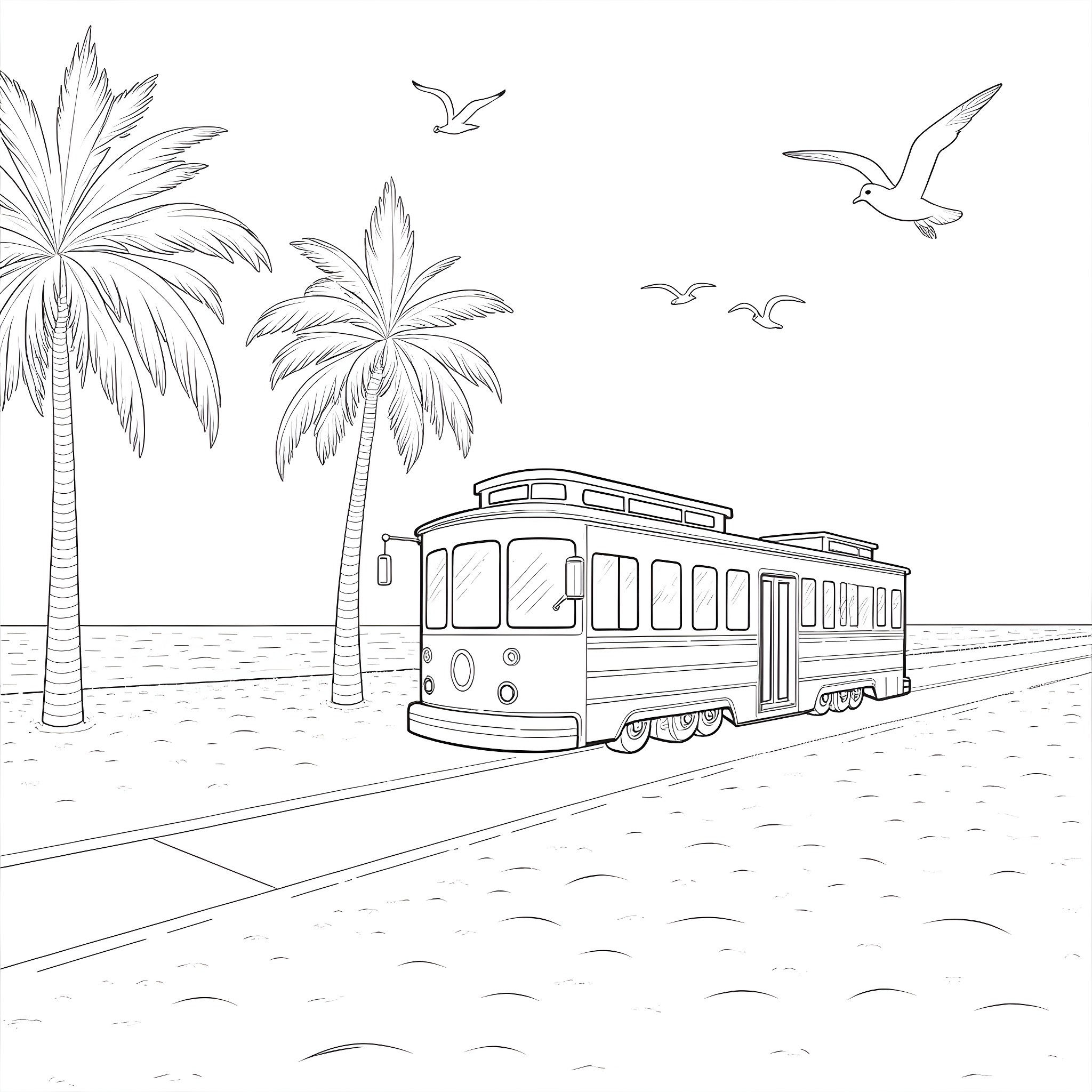 Bus passing by palm trees and seagulls on the beach Coloring Page (free black-and-white line drawing printable PDF for all, from beginners to advanced learners, including children, teens, adults, and seniors)