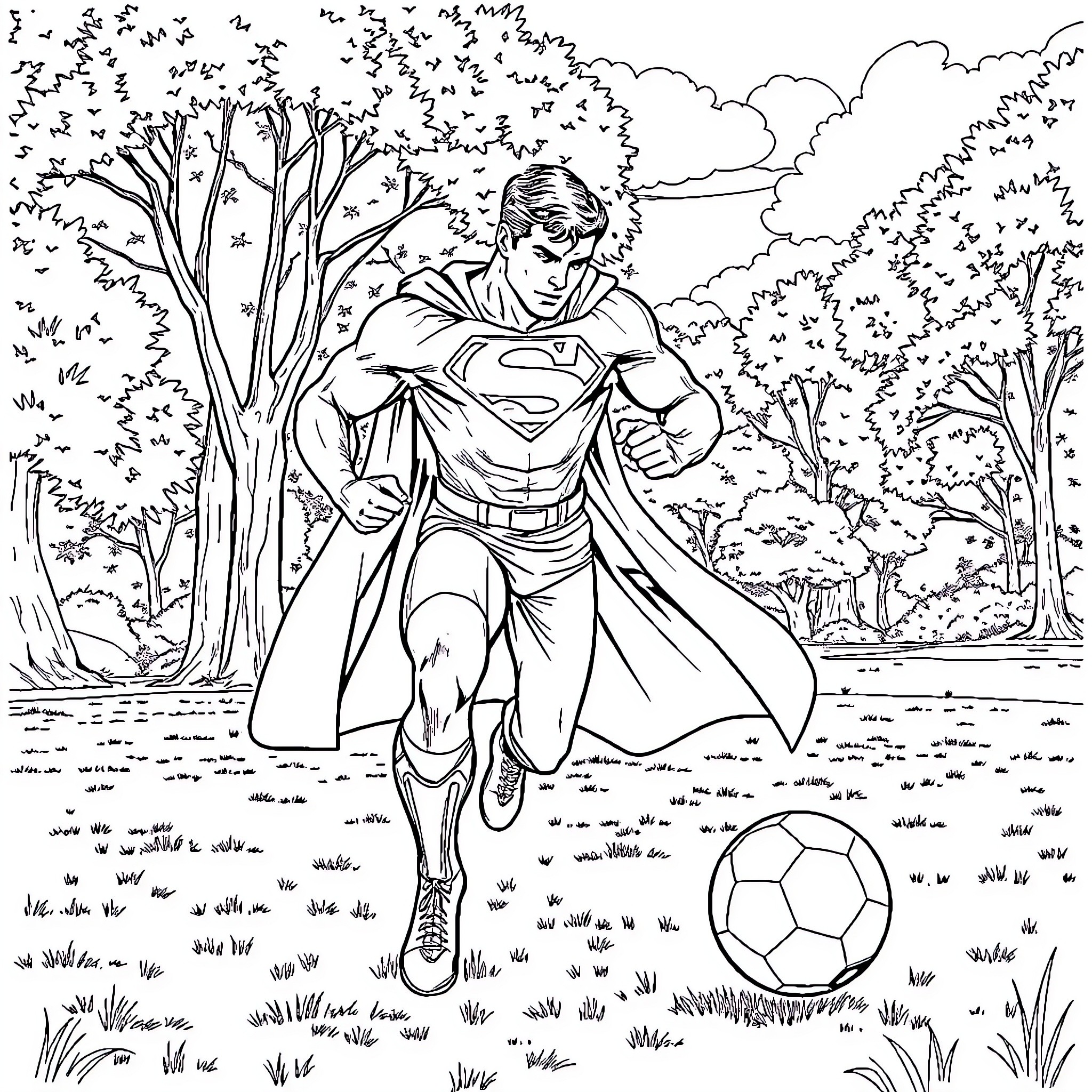 Superman flying through a peaceful forest Coloring Page (free black-and-white line drawing printable PDF for all, from beginners to advanced learners, including children, teens, adults, and seniors)