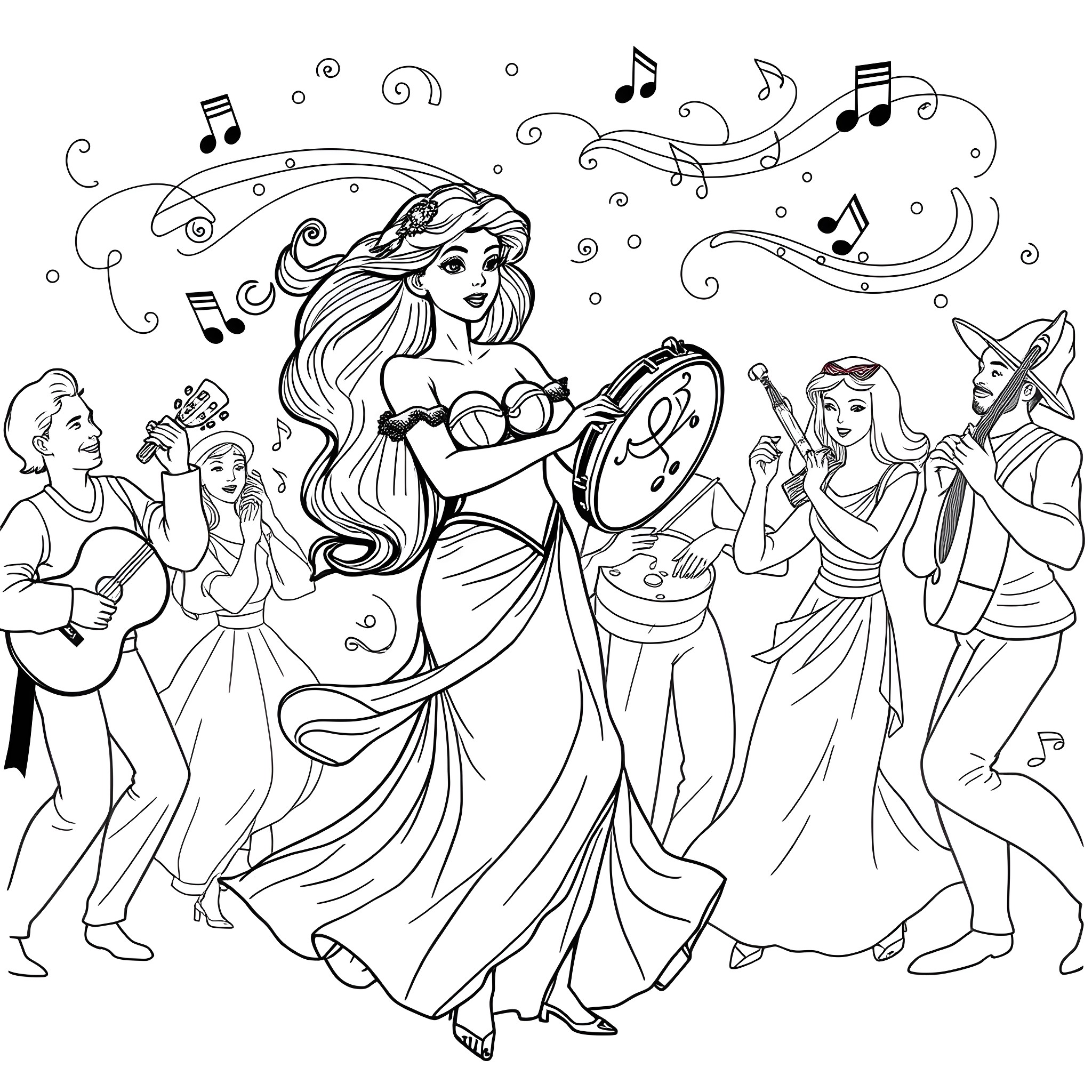 Tambourine Dance in Musical Celebration Coloring Page (free black-and-white line drawing printable PDF for all, from beginners to advanced learners, including children, teens, adults, and seniors)