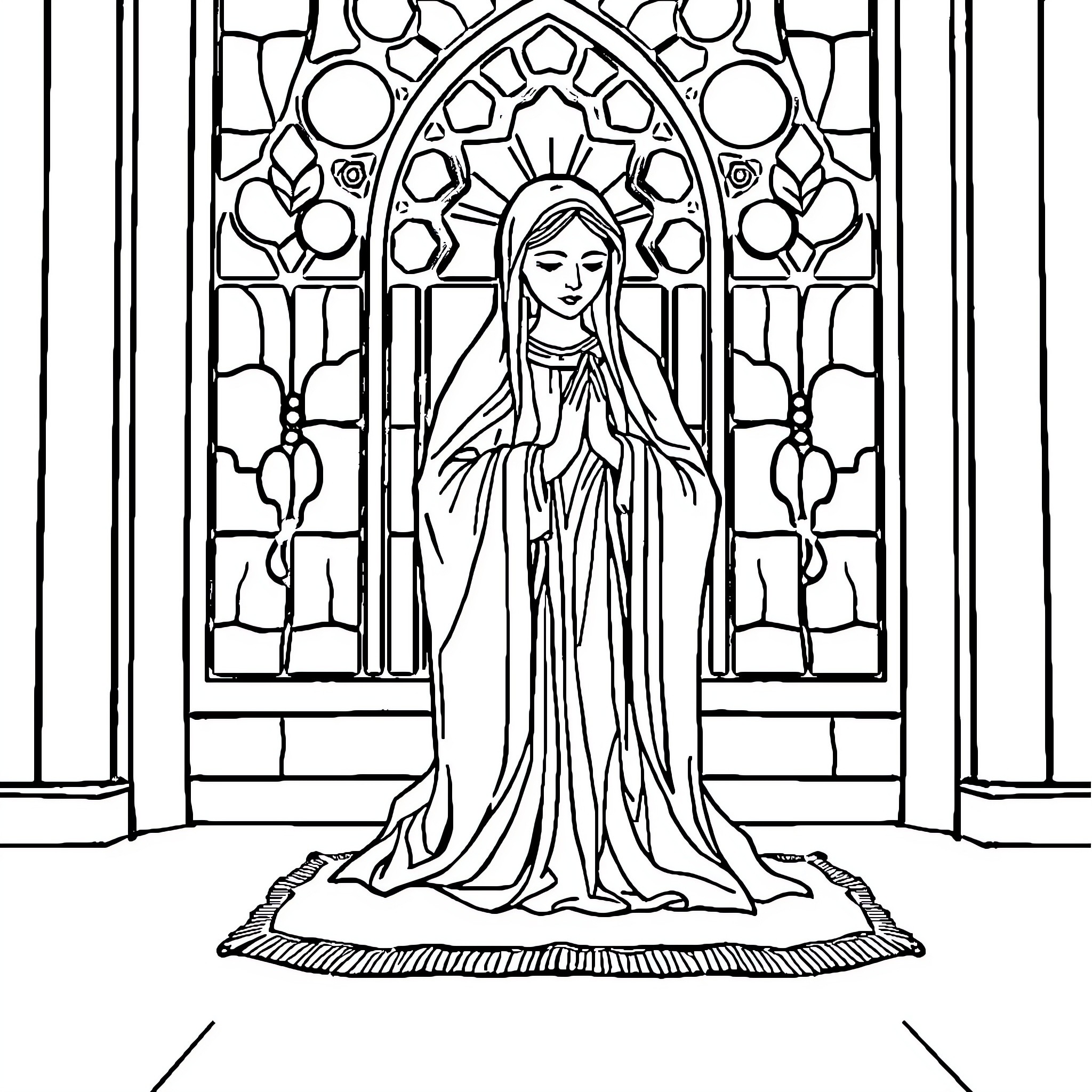 Virgin Mary in a stained glass cathedral Coloring Page (free black-and-white line drawing printable PDF for all, from beginners to advanced learners, including children, teens, adults, and seniors)