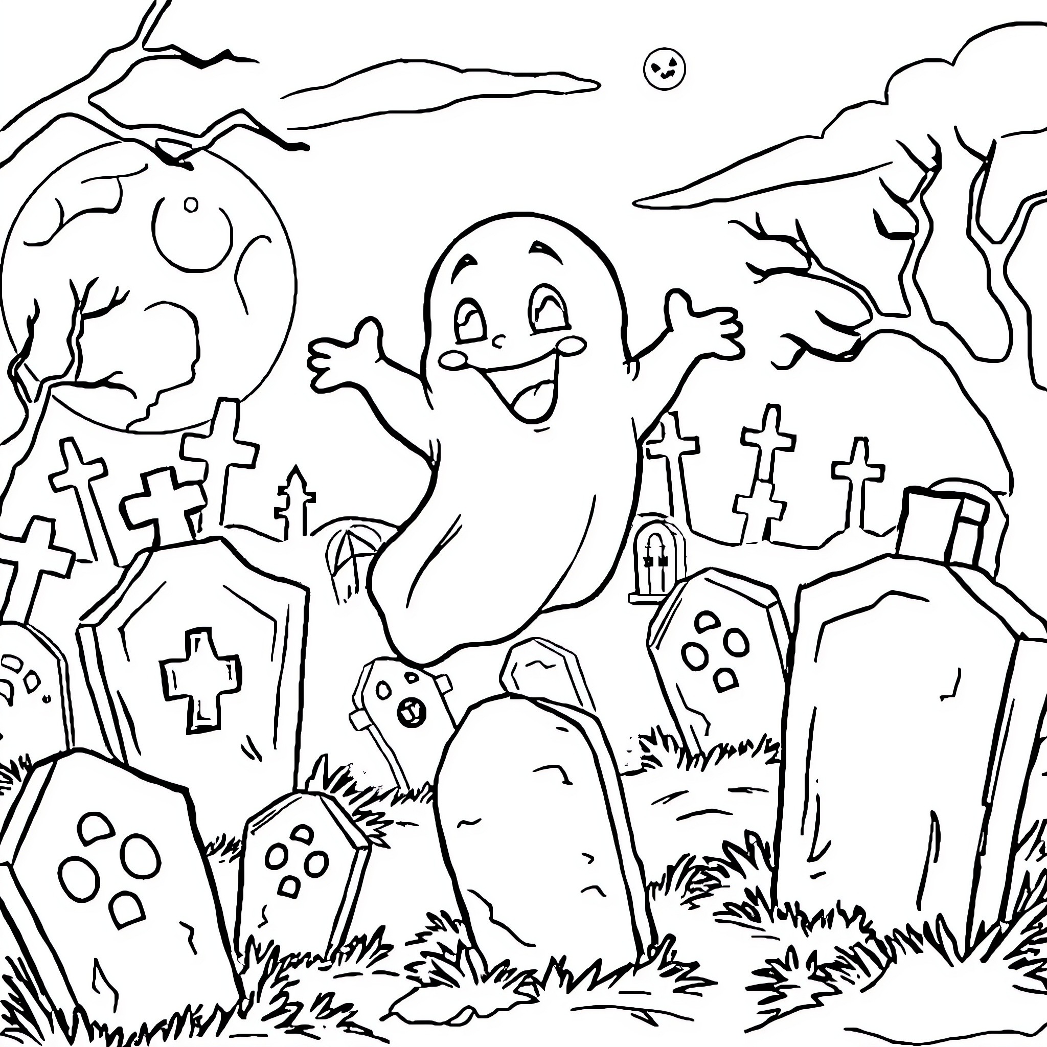 Ghost playing happily in the haunted graveyard Coloring Page (free black-and-white line drawing printable PDF for all, from beginners to advanced learners, including children, teens, adults, and seniors)