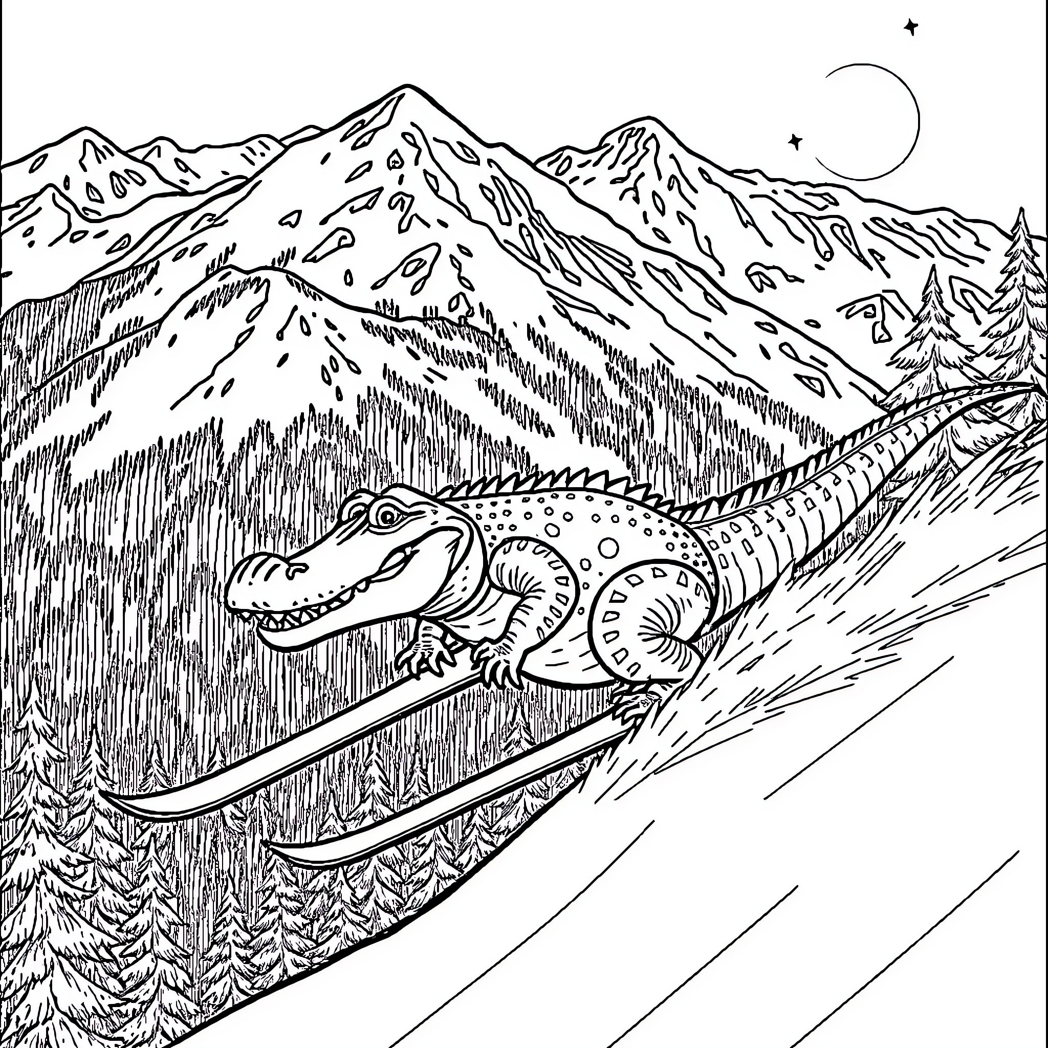 Crocodile gliding through the wilderness Coloring Page (free black-and-white line drawing printable PDF for all, from beginners to advanced learners, including children, teens, adults, and seniors)
