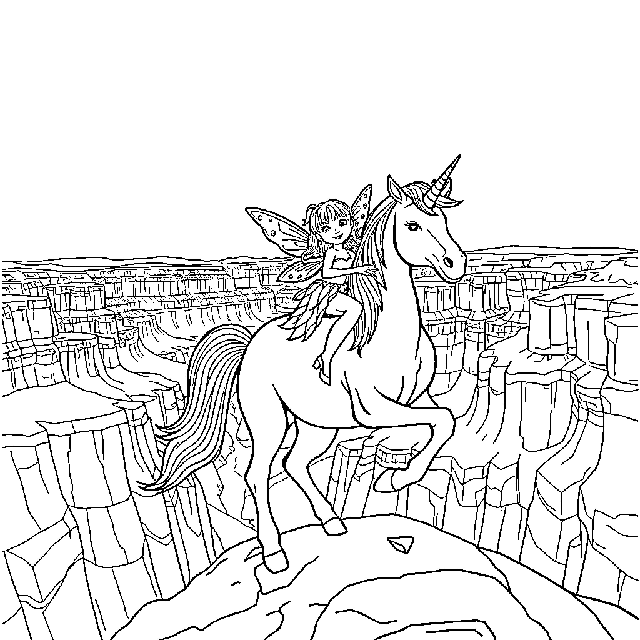 Fairy riding a magical unicorn in a fantastical landscape Coloring Page (free black-and-white line drawing printable PDF for all, from beginners to advanced learners, including children, teens, adults, and seniors)