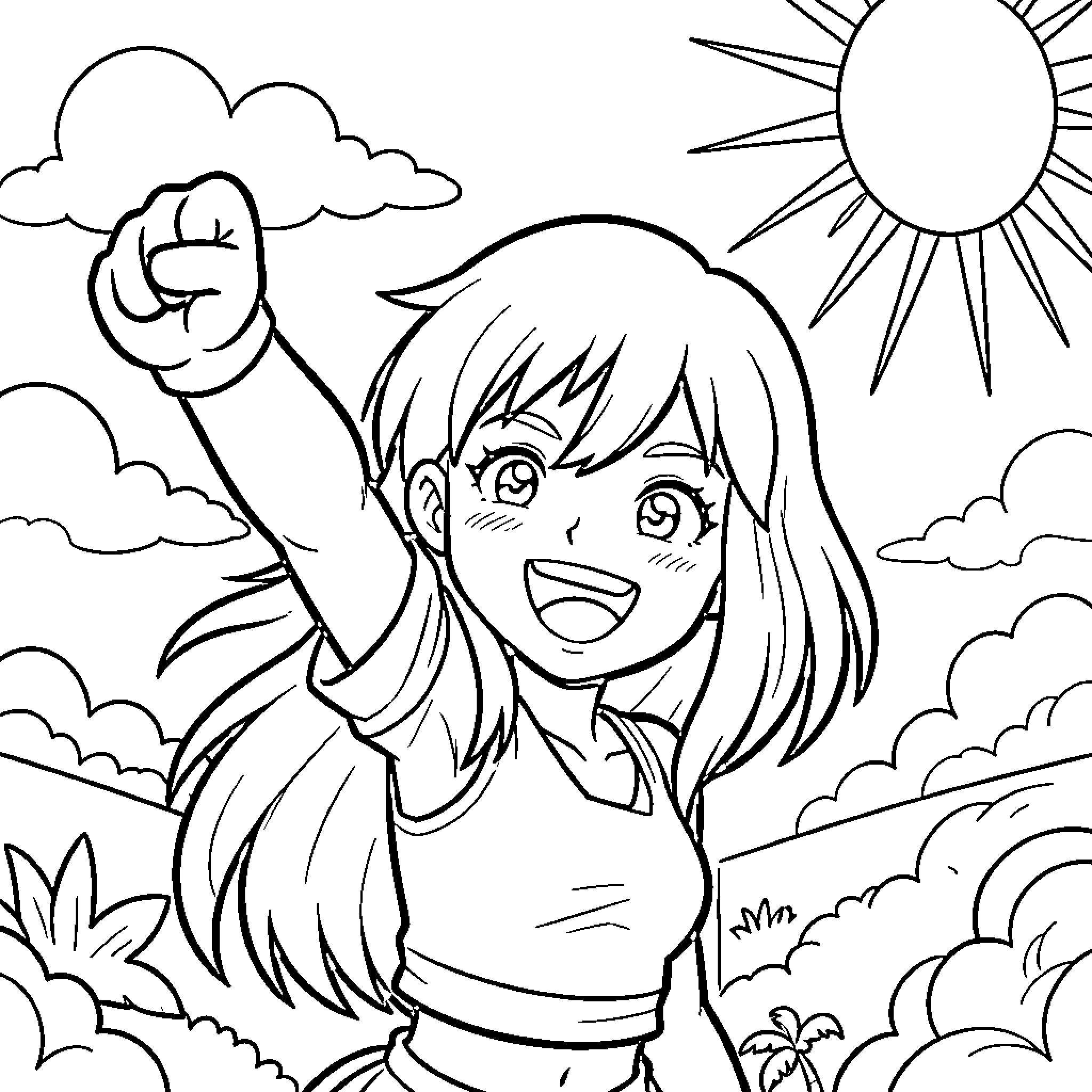 Nami's Joyful Outdoor Adventure Coloring Page (free black-and-white line drawing printable PDF for all, from beginners to advanced learners, including children, teens, adults, and seniors)