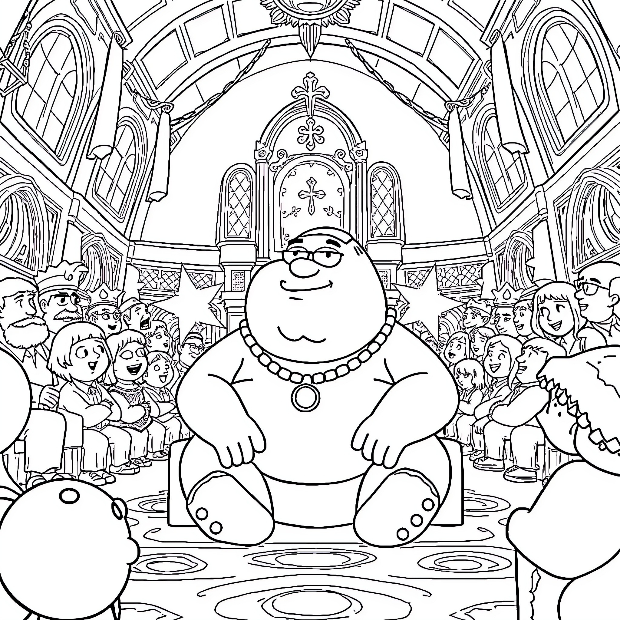Peter Griffin's Comical Presence in a Lively Church Setting Coloring Page (free black-and-white line drawing printable PDF for all, from beginners to advanced learners, including children, teens, adults, and seniors)