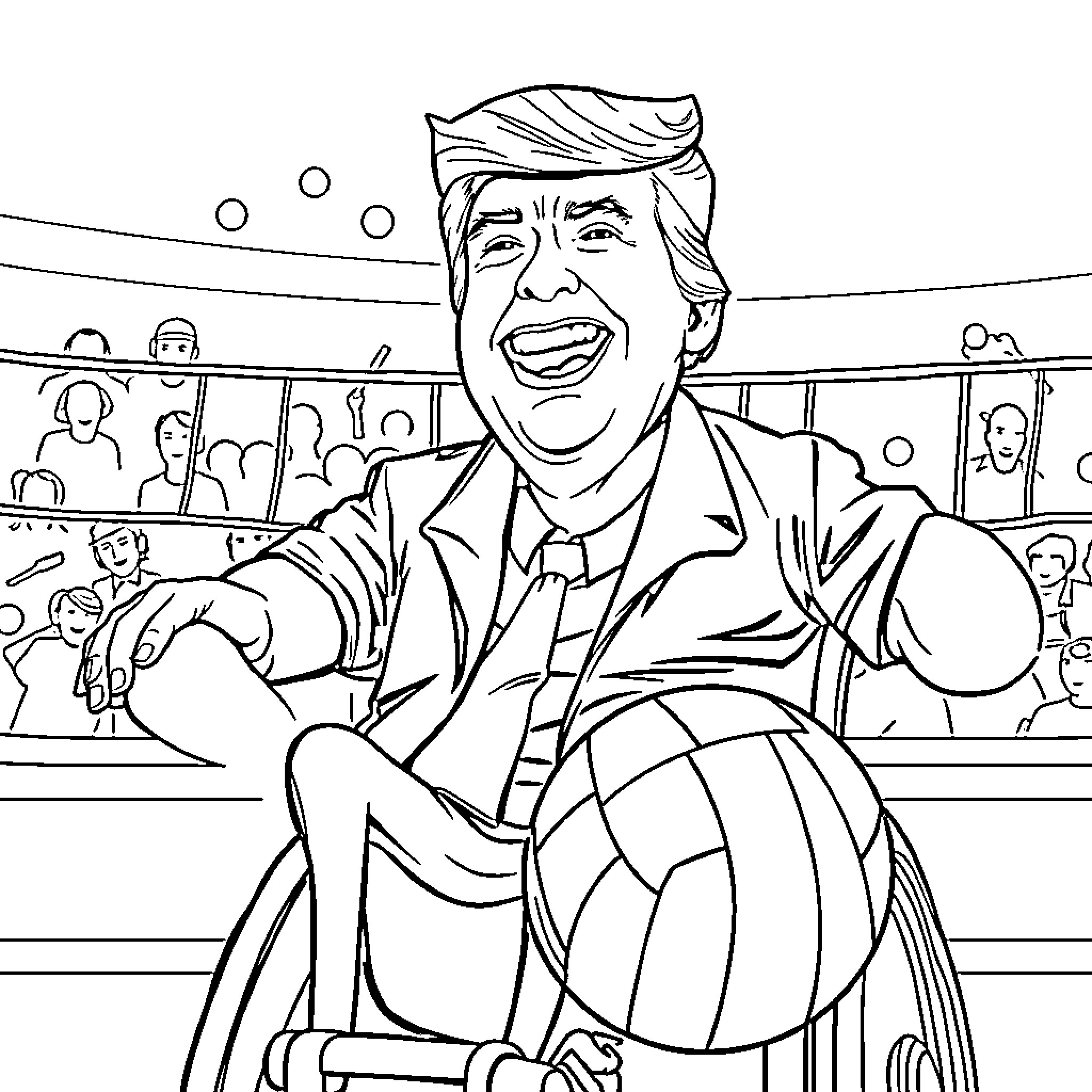 Donald Trump Enthusiastically Celebrating at a Sporting Event Coloring Page (free black-and-white line drawing printable PDF for all, from beginners to advanced learners, including children, teens, adults, and seniors)