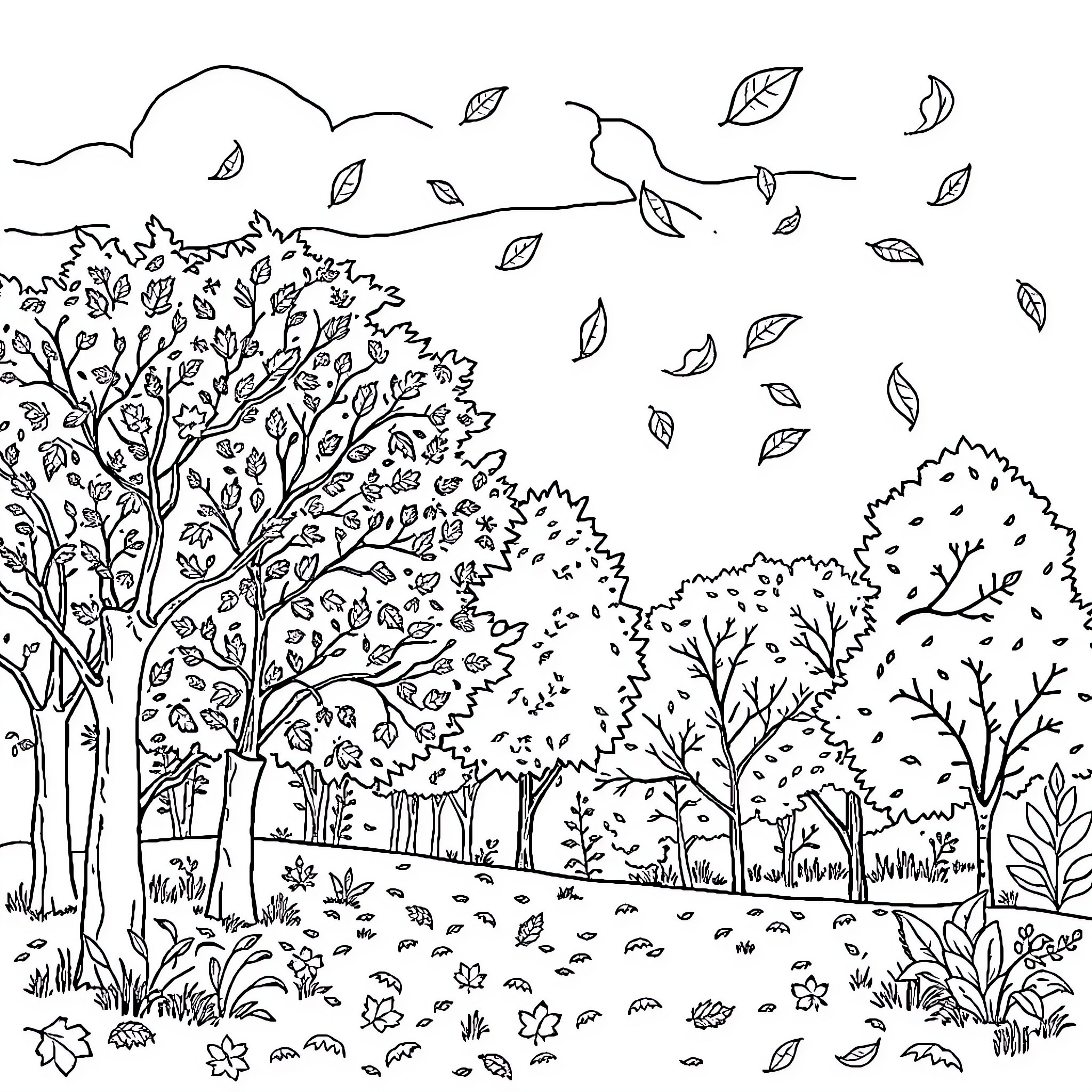 Fall Foliage Swirling in the Breeze Coloring Page (free black-and-white line drawing printable PDF for all, from beginners to advanced learners, including children, teens, adults, and seniors)