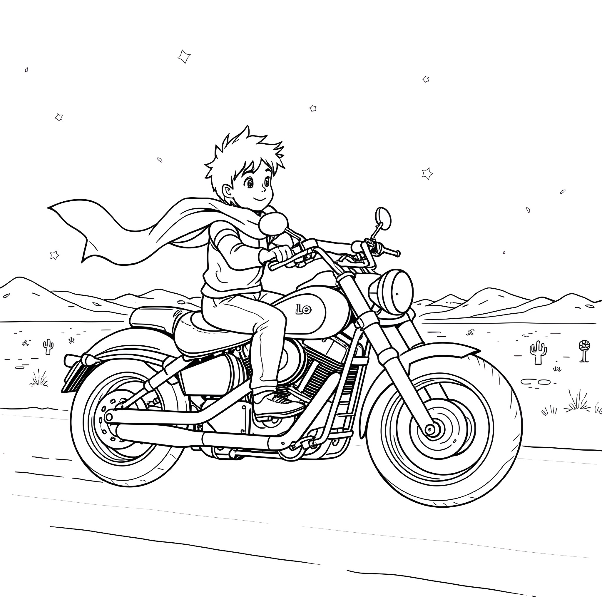 Little Prince riding motorcycle through the desert Coloring Page (free black-and-white line drawing printable PDF for all, from beginners to advanced learners, including children, teens, adults, and seniors)