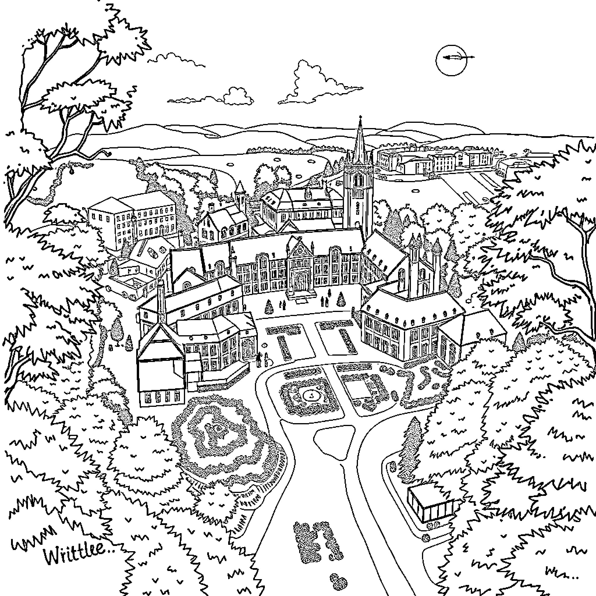 Map of a whimsical village scene with buildings, trees, and a winding path Coloring Page (free black-and-white line drawing printable PDF for all, from beginners to advanced learners, including children, teens, adults, and seniors)