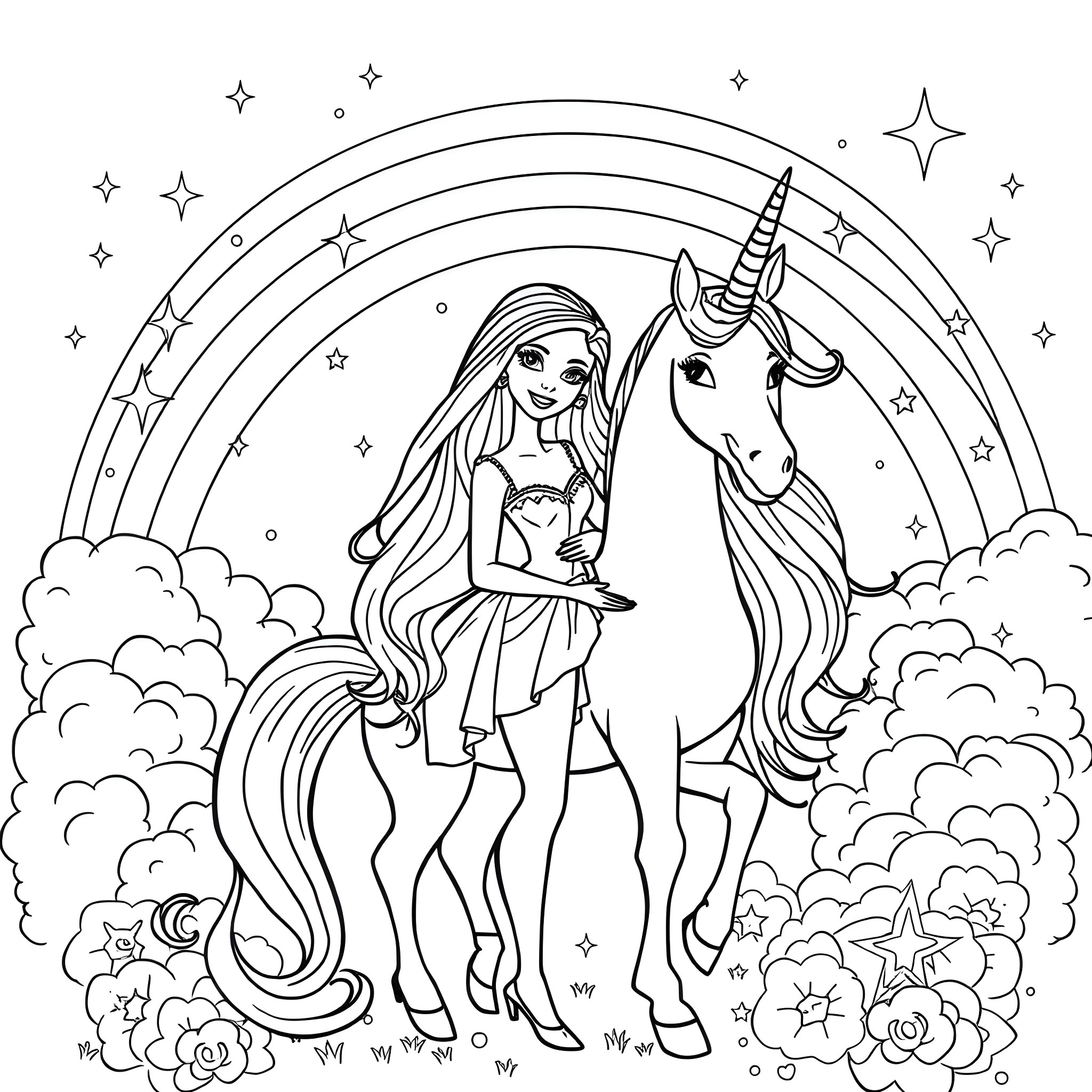 Barbie posing with a magical unicorn in a whimsical setting Coloring Page (free black-and-white line drawing printable PDF for all, from beginners to advanced learners, including children, teens, adults, and seniors)