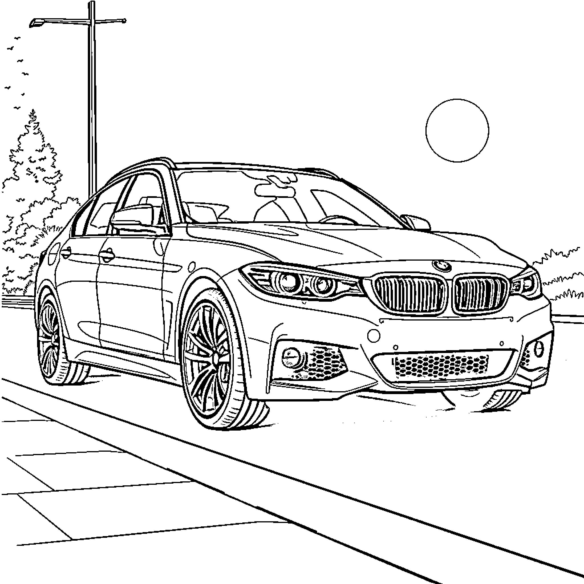 Car speeding on a winding road at night Coloring Page (free black-and-white line drawing printable PDF for all, from beginners to advanced learners, including children, teens, adults, and seniors)