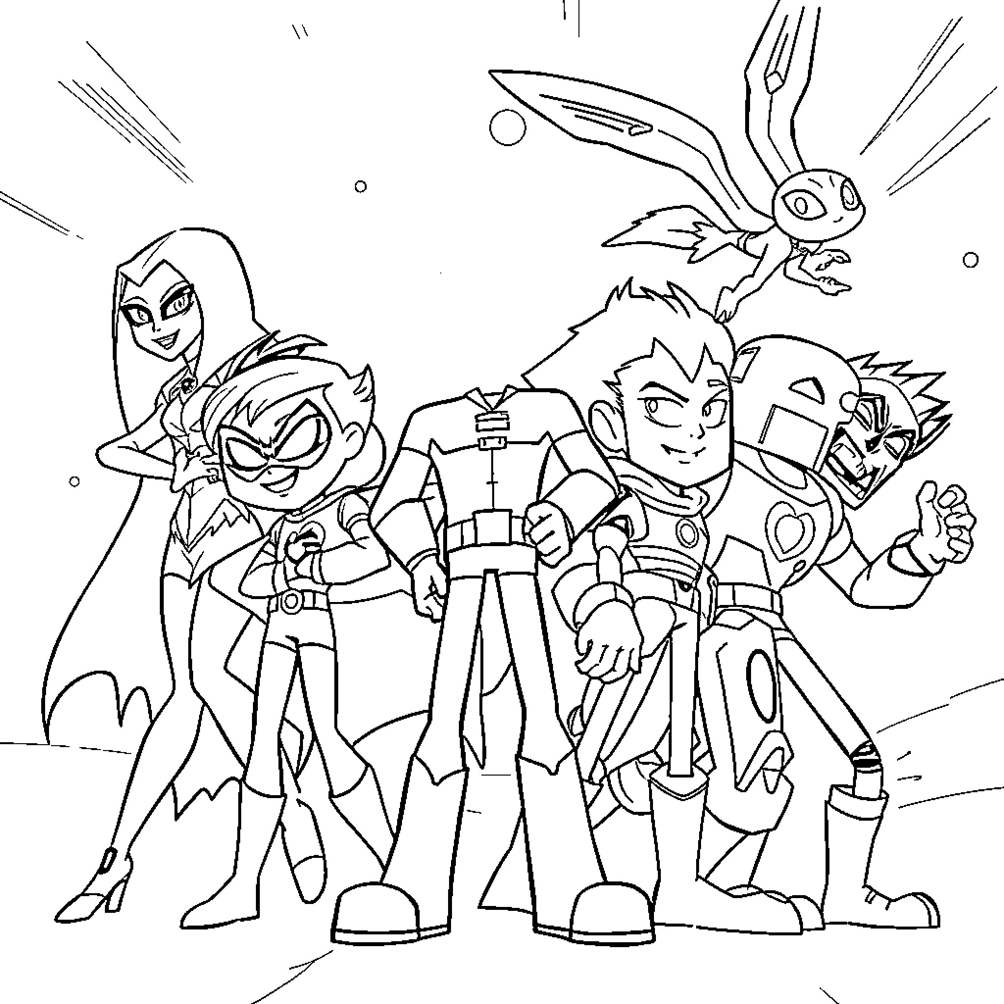 Teen Titans in Action Adventure Pose Coloring Page (free black-and-white line drawing printable PDF for all, from beginners to advanced learners, including children, teens, adults, and seniors)