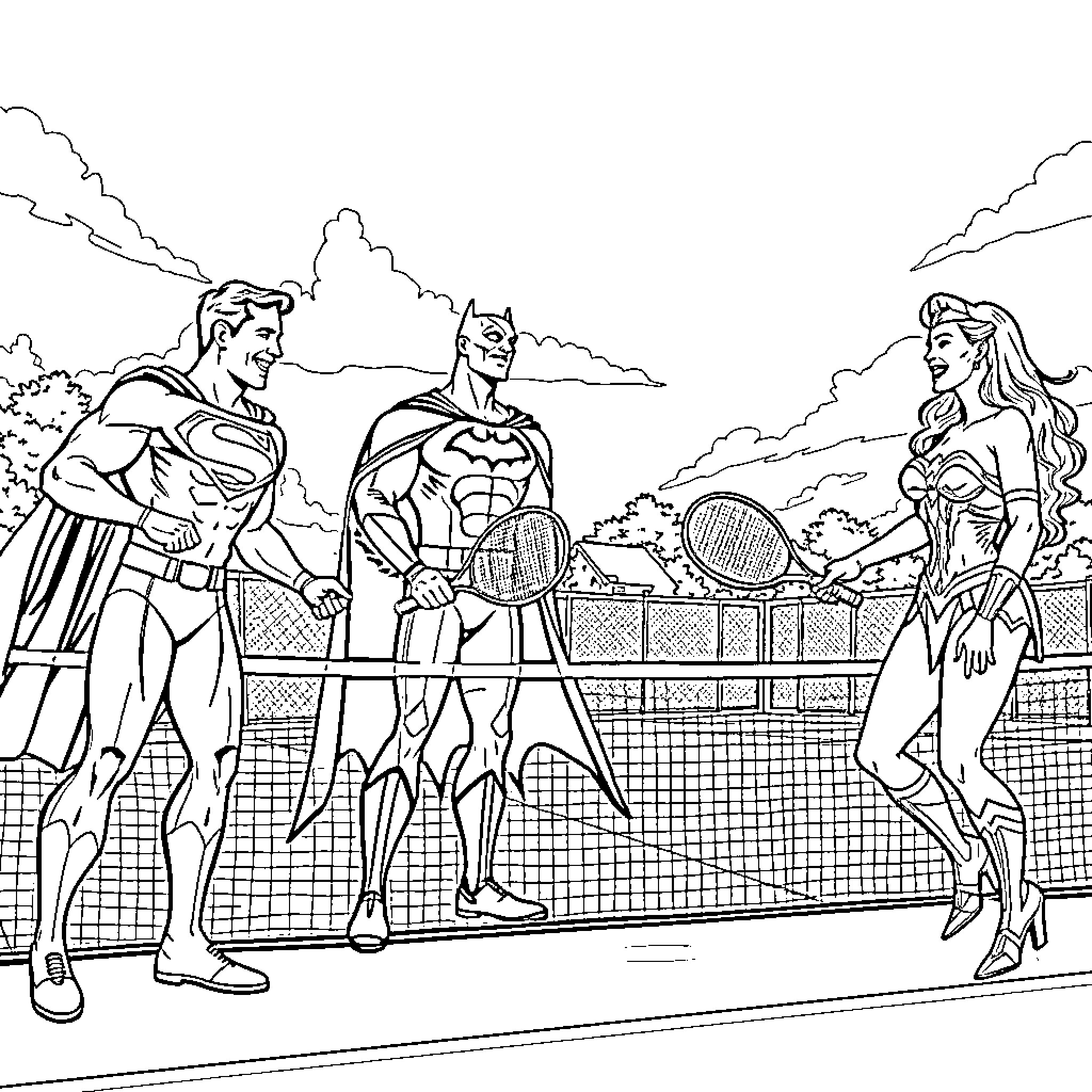 Superhero Tennis Match on City Court Coloring Page (free black-and-white line drawing printable PDF for all, from beginners to advanced learners, including children, teens, adults, and seniors)