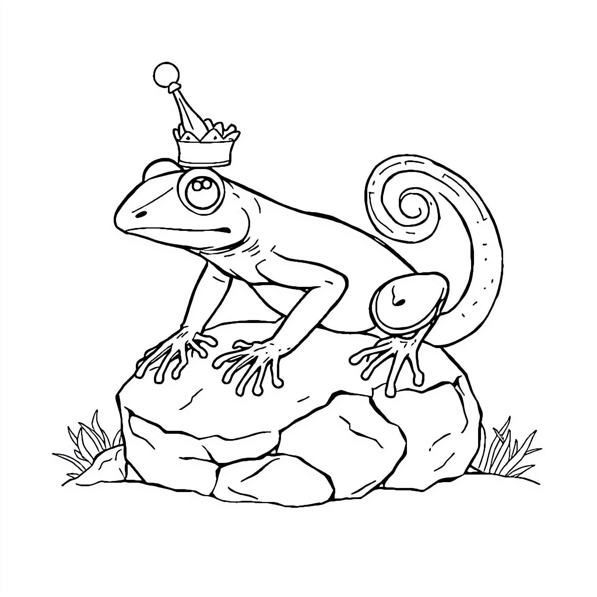 Frogs wearing crowns on rocks Coloring Page (free black-and-white line drawing printable PDF for all, from beginners to advanced learners, including children, teens, adults, and seniors)