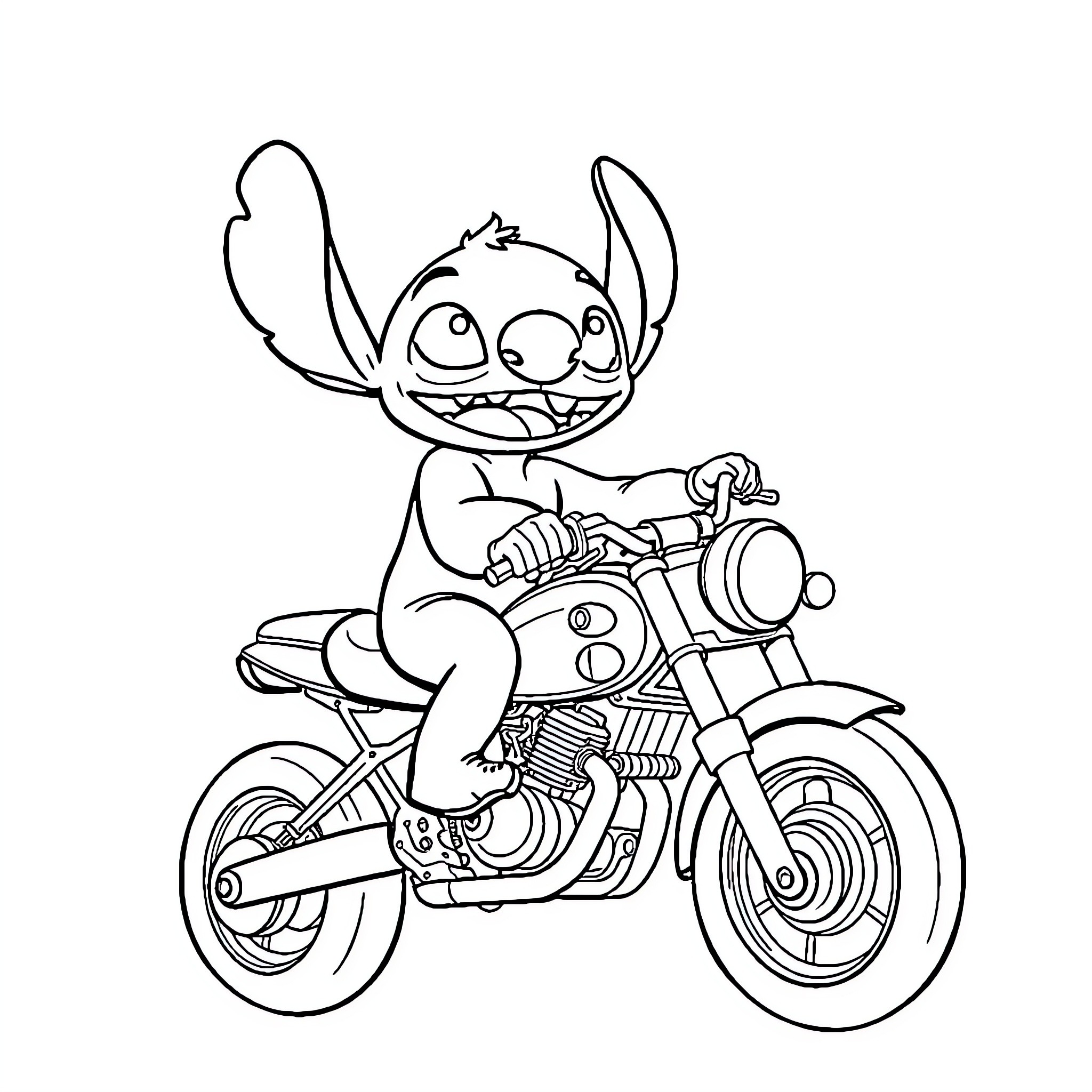 Moto Stitch riding motorcycle happily Coloring Page (free black-and-white line drawing printable PDF for all, from beginners to advanced learners, including children, teens, adults, and seniors)
