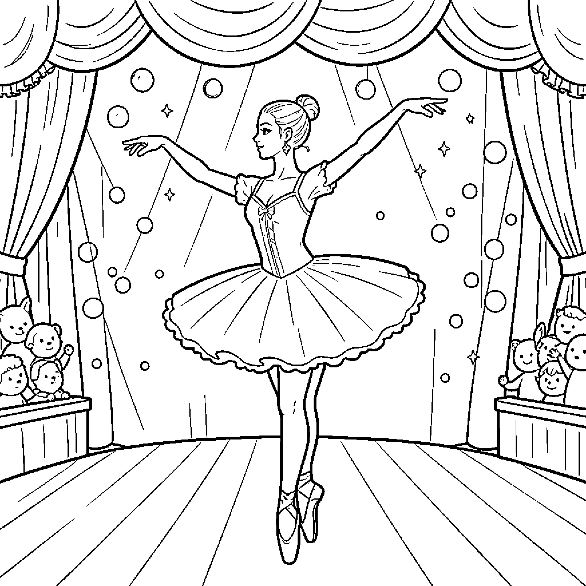 Ballet Girl Performing on Stage with Audience Coloring Page (free black-and-white line drawing printable PDF for all, from beginners to advanced learners, including children, teens, adults, and seniors)