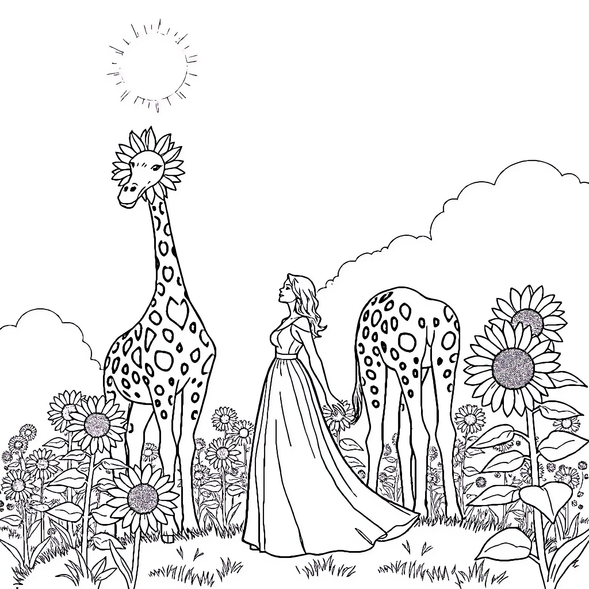 Girasol: Girl among whimsical flora and fauna Coloring Page (free black-and-white line drawing printable PDF for all, from beginners to advanced learners, including children, teens, adults, and seniors)