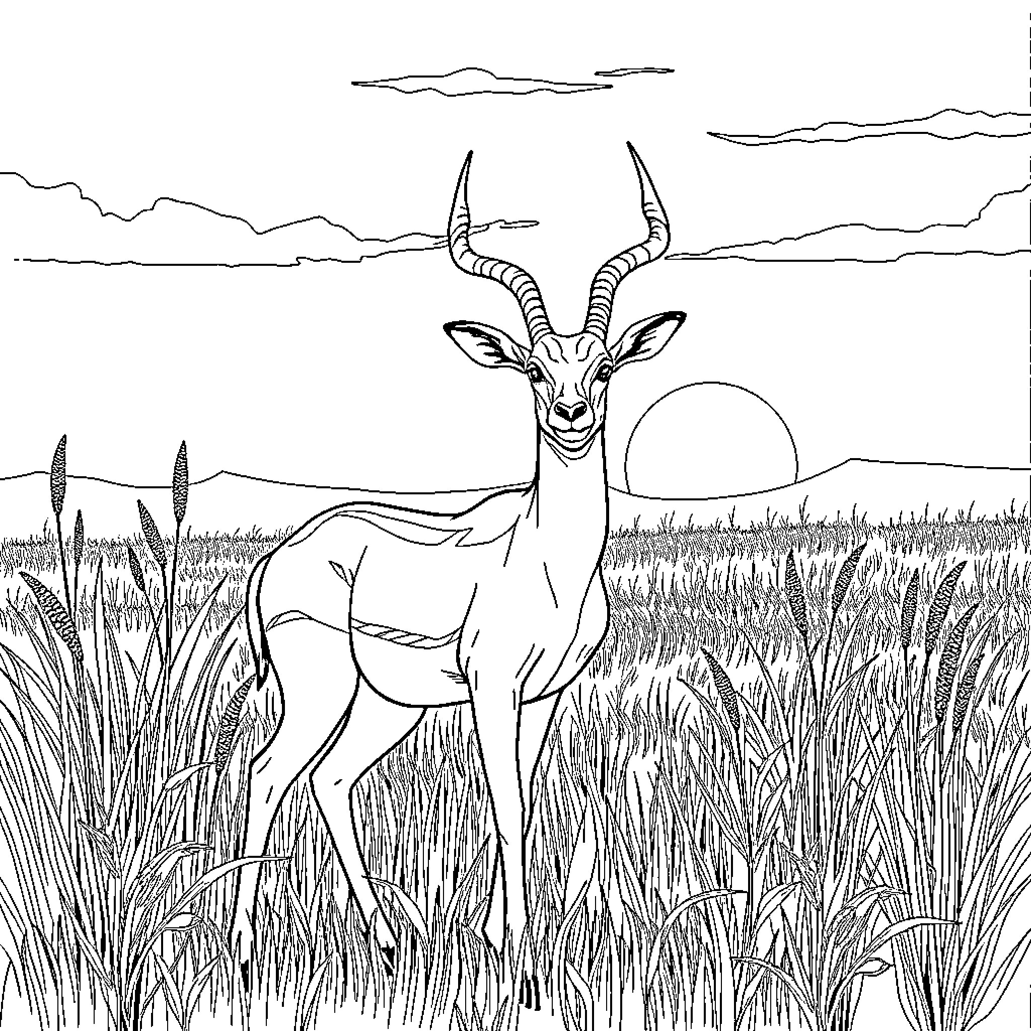 Impala standing alert in African savanna Coloring Page (free black-and-white line drawing printable PDF for all, from beginners to advanced learners, including children, teens, adults, and seniors)