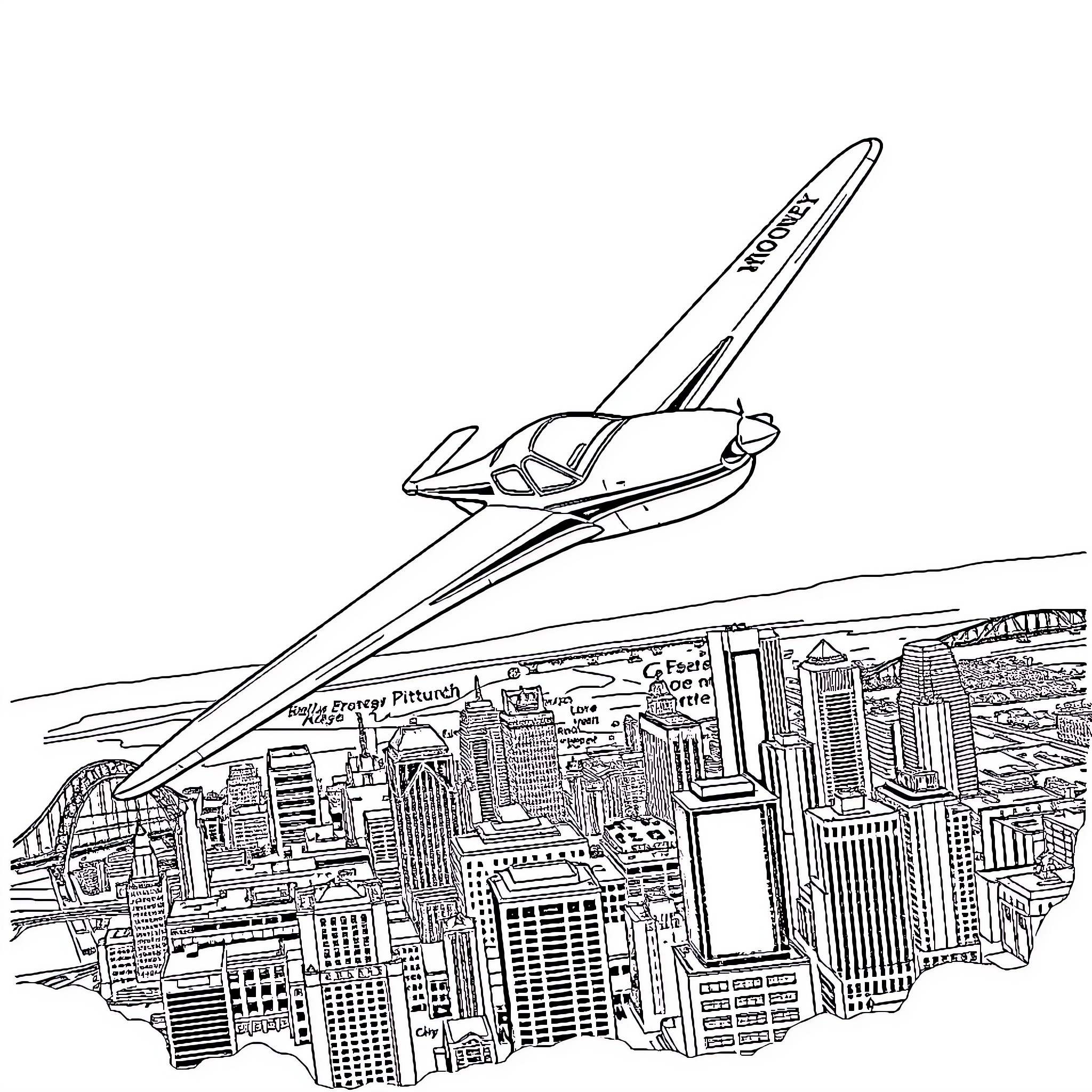 Airplane taking off over futuristic city skyline Coloring Page (free black-and-white line drawing printable PDF for all, from beginners to advanced learners, including children, teens, adults, and seniors)
