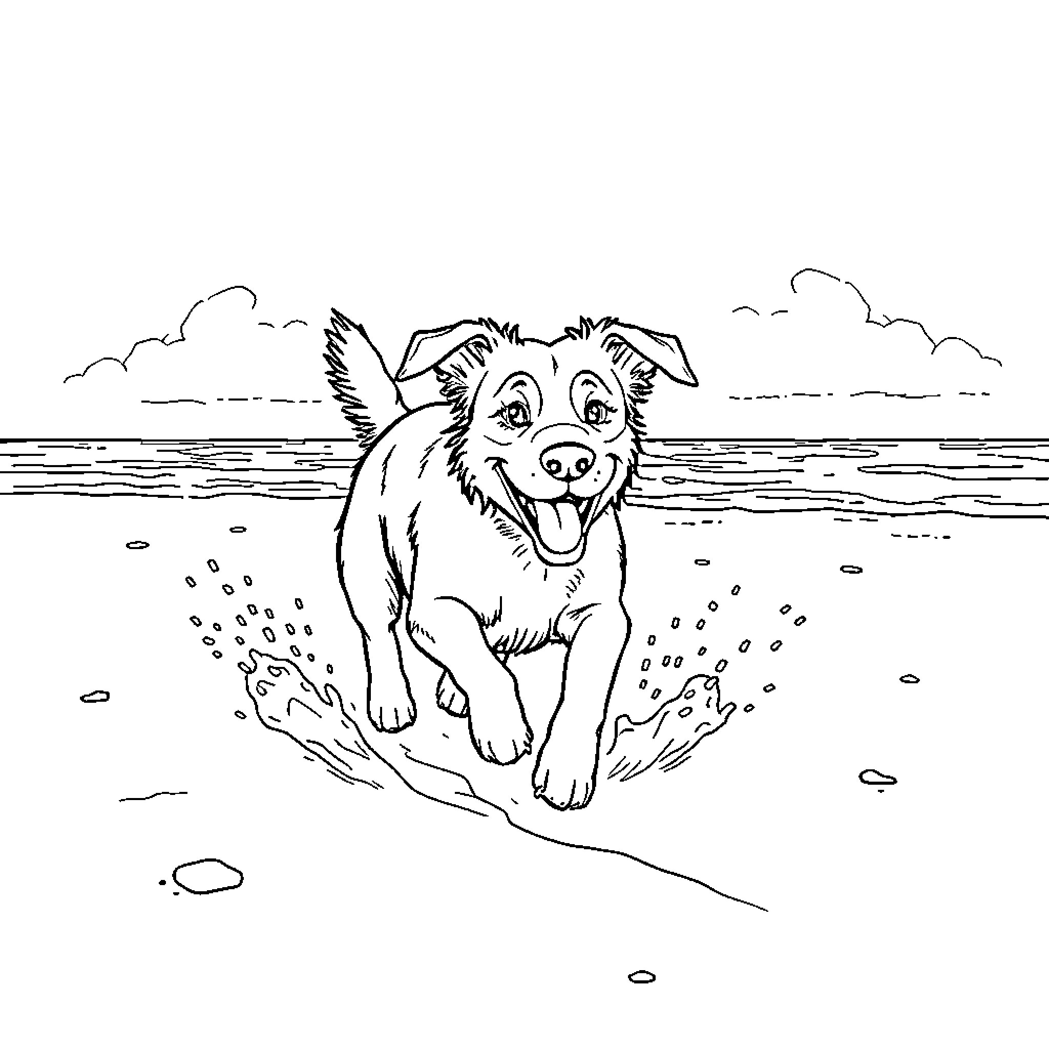 Dog running happily along the beach Coloring Page (free black-and-white line drawing printable PDF for all, from beginners to advanced learners, including children, teens, adults, and seniors)