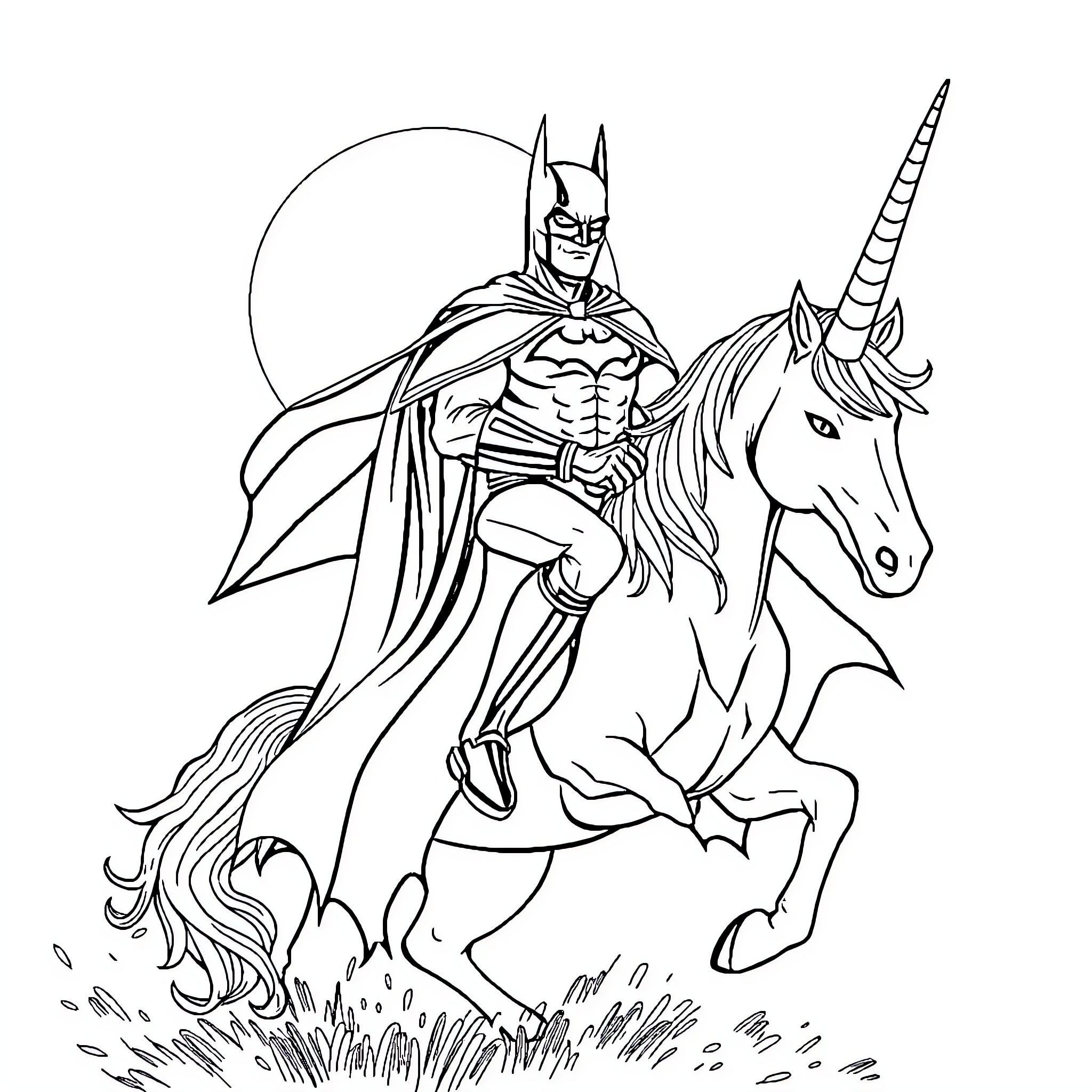 Batman riding a unicorn in action Coloring Page (free black-and-white line drawing printable PDF for all, from beginners to advanced learners, including children, teens, adults, and seniors)