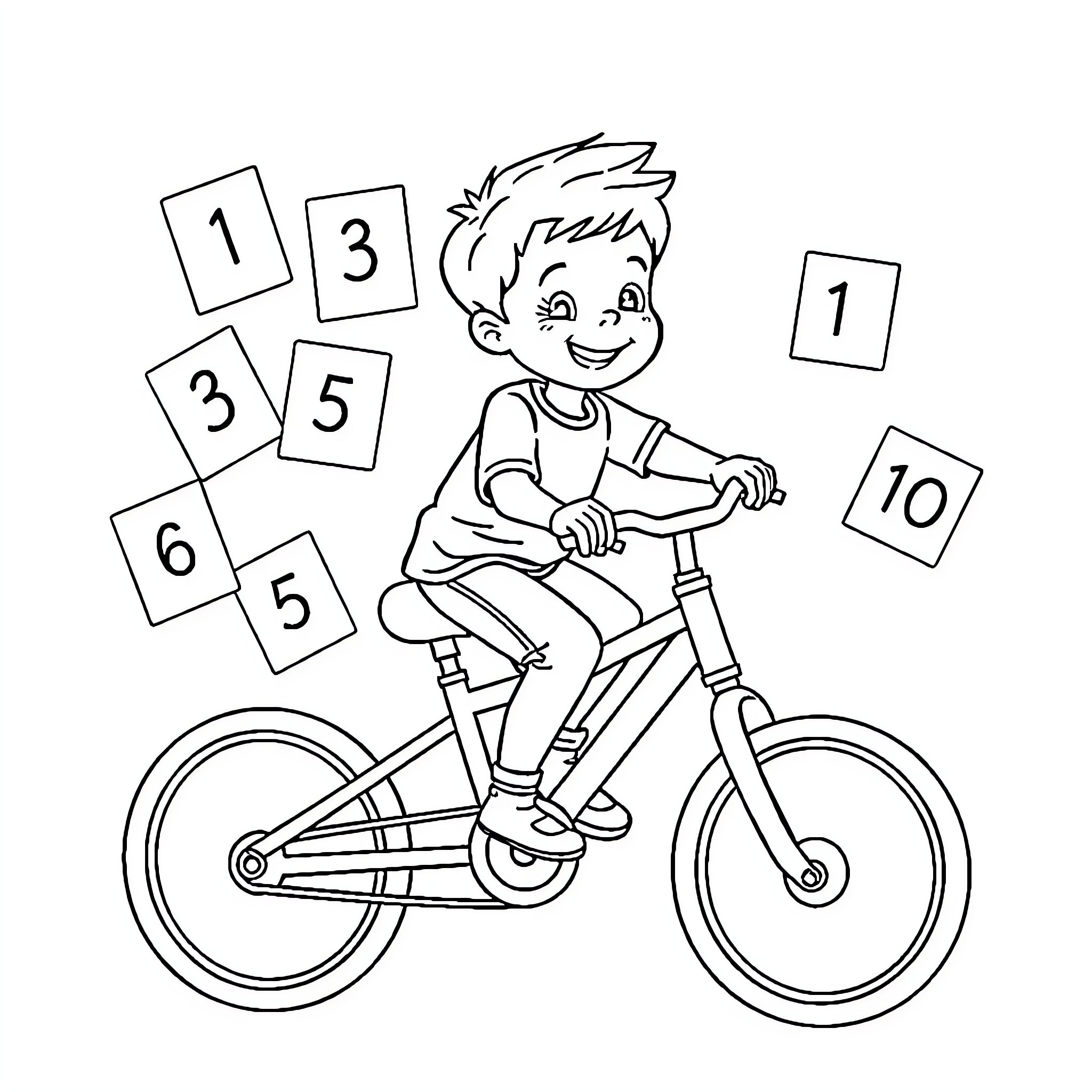 Boy riding bicycle with numbers Coloring Page (free black-and-white line drawing printable PDF for all, from beginners to advanced learners, including children, teens, adults, and seniors)