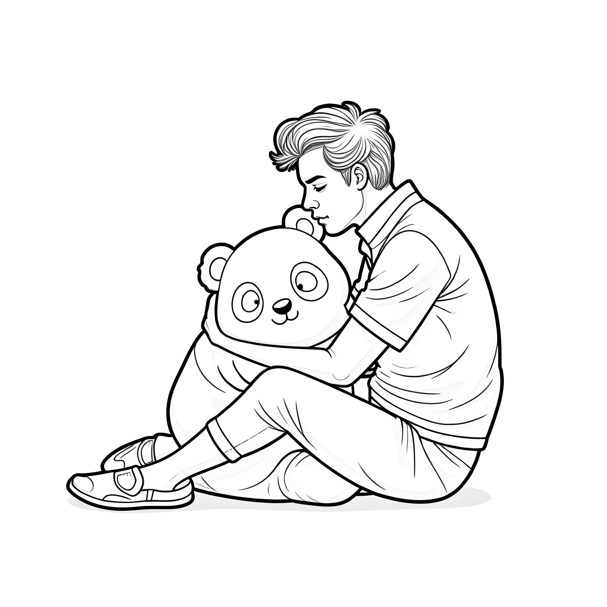 Harry Styles cuddling a plush panda bear Coloring Page (free black-and-white line drawing printable PDF for all, from beginners to advanced learners, including children, teens, adults, and seniors)