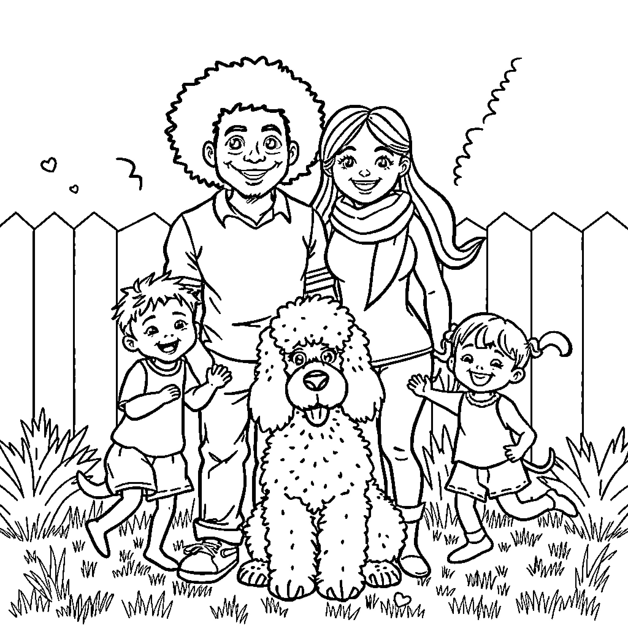 Family Fun with Pets in the Backyard Coloring Page (free black-and-white line drawing printable PDF for all, from beginners to advanced learners, including children, teens, adults, and seniors)