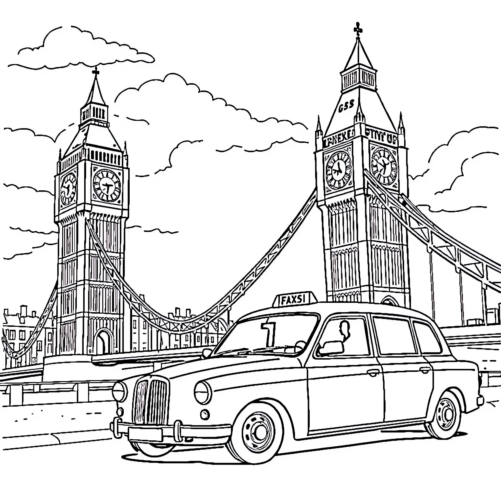Big Ben and iconic London cab scene Coloring Page (free black-and-white line drawing printable PDF for all, from beginners to advanced learners, including children, teens, adults, and seniors)