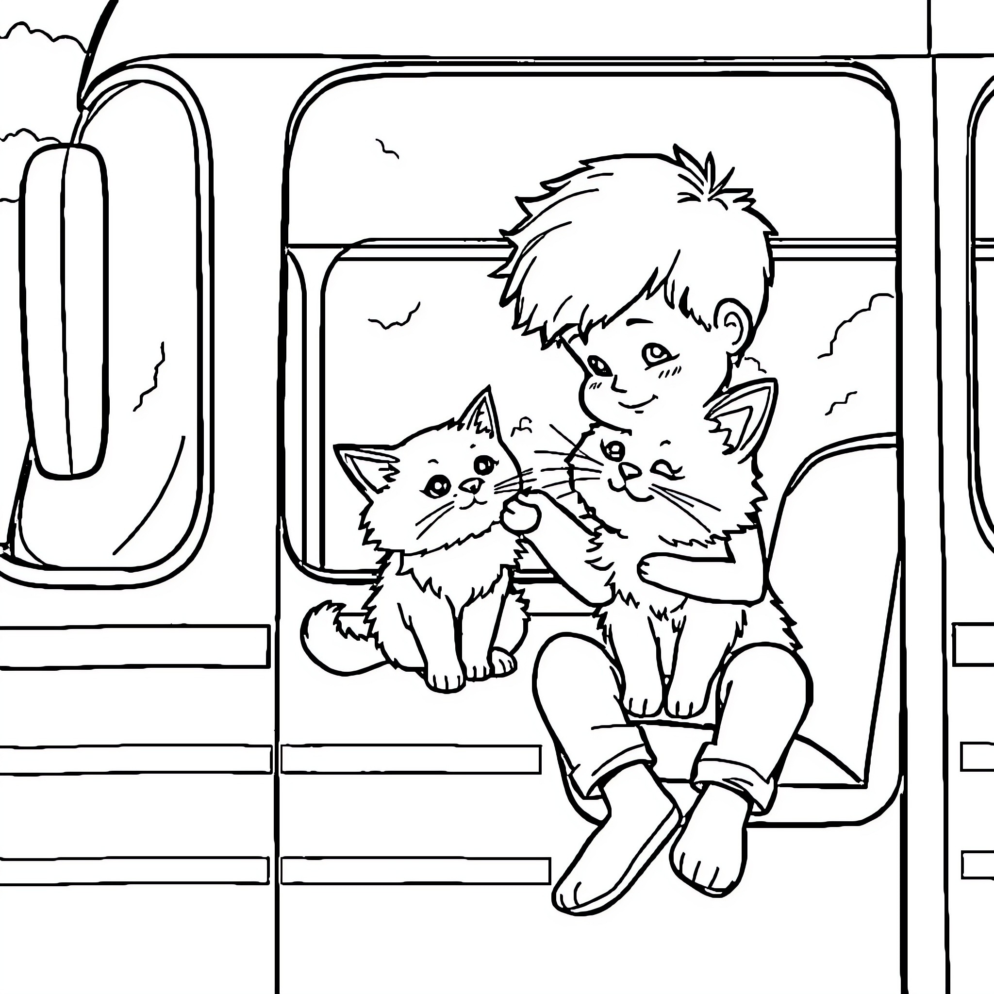 Topher plays with cute kittens on a bus Coloring Page (free black-and-white line drawing printable PDF for all, from beginners to advanced learners, including children, teens, adults, and seniors)