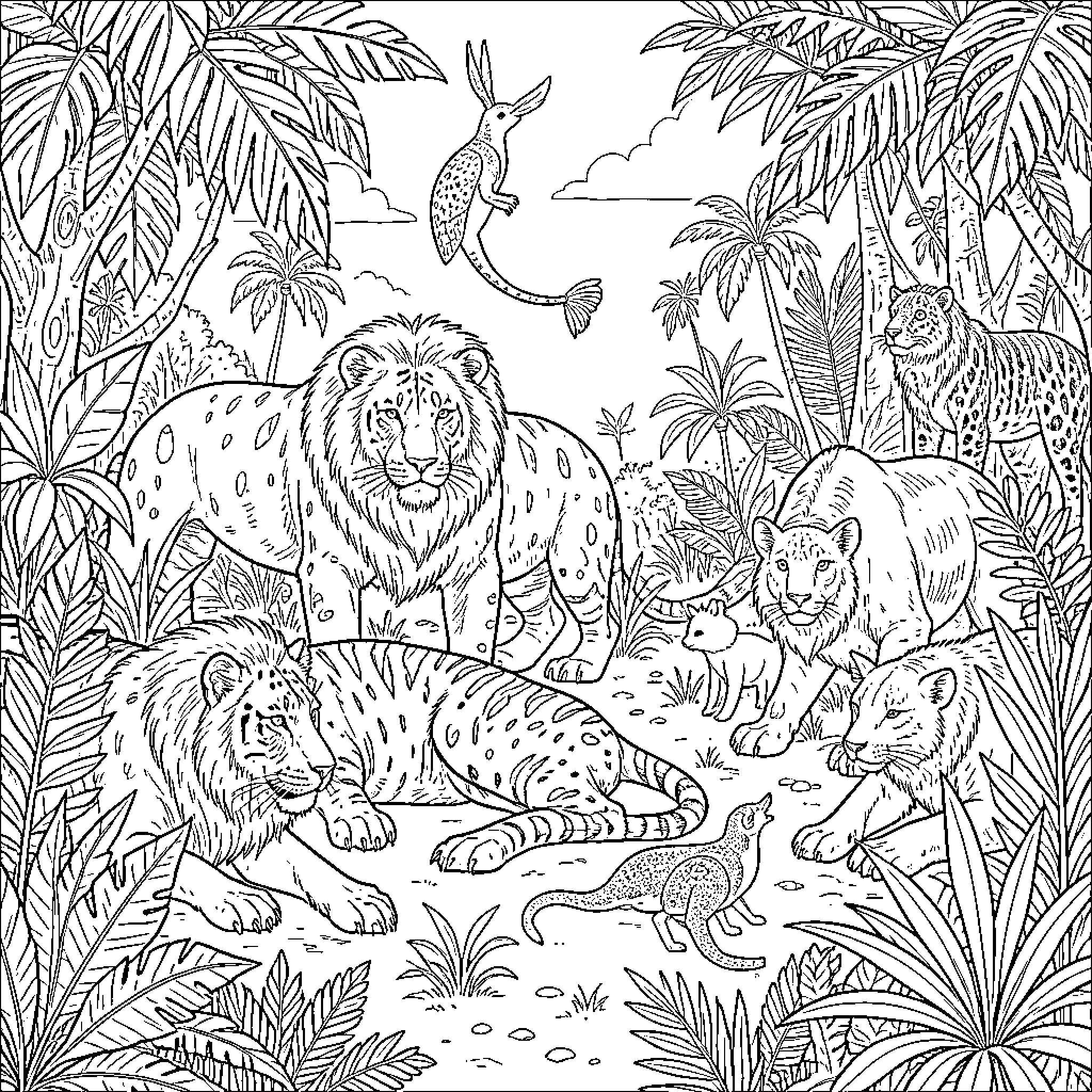 Prehistoric Life featuring wild animals in a lush jungle Coloring Page (free black-and-white line drawing printable PDF for all, from beginners to advanced learners, including children, teens, adults, and seniors)