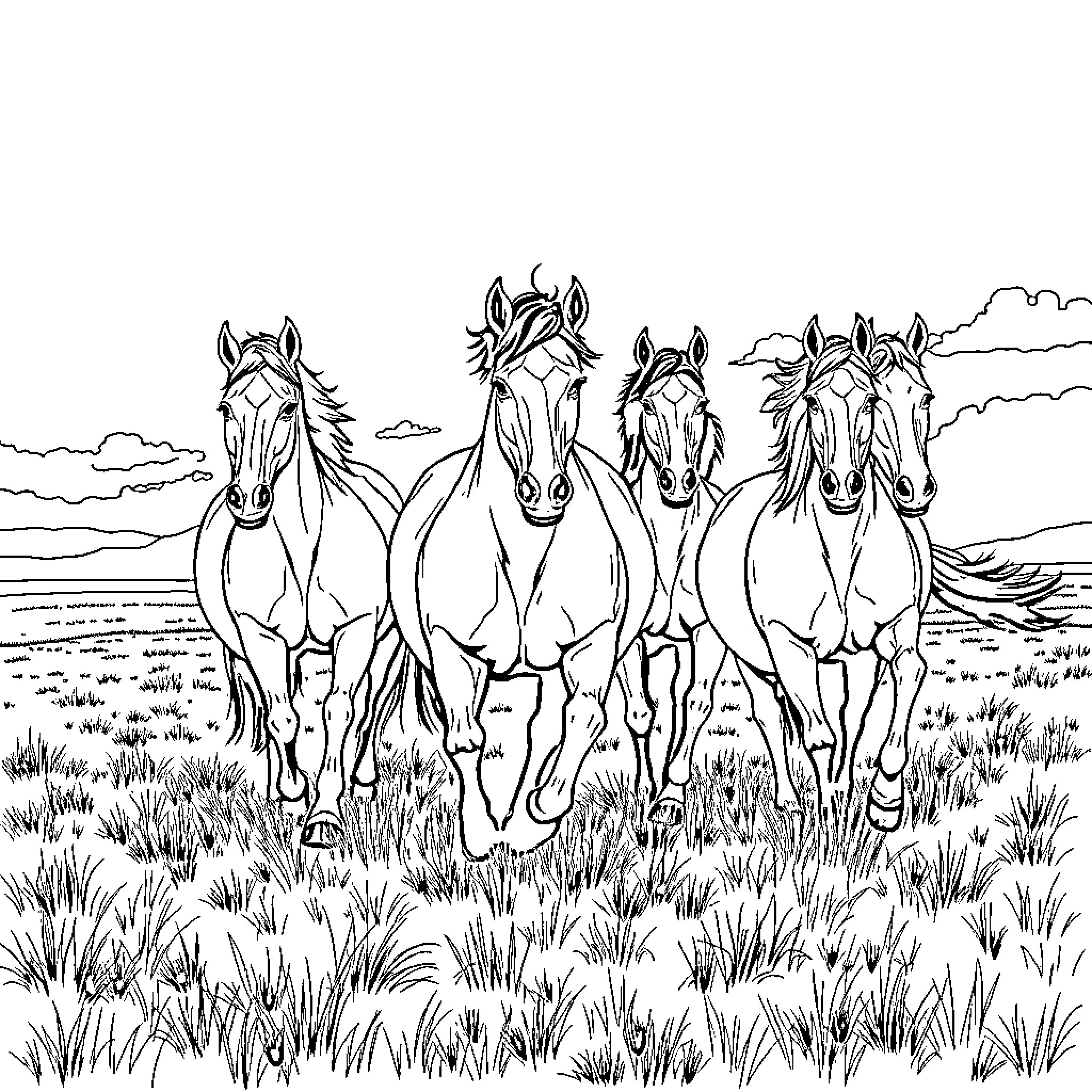 Horse herd running freely through the meadow Coloring Page (free black-and-white line drawing printable PDF for all, from beginners to advanced learners, including children, teens, adults, and seniors)