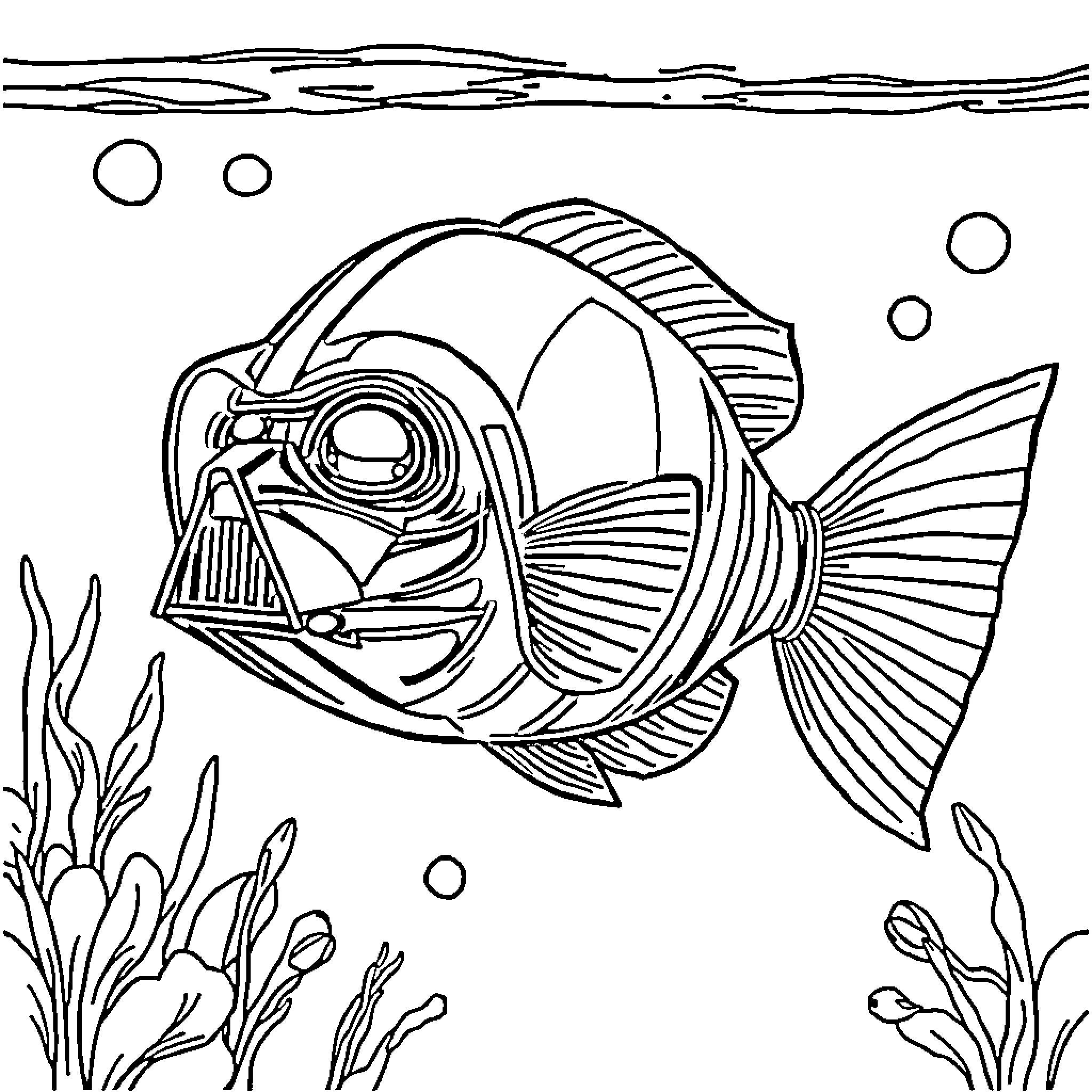 Darth Vader as a curious underwater fish Coloring Page (free black-and-white line drawing printable PDF for all, from beginners to advanced learners, including children, teens, adults, and seniors)
