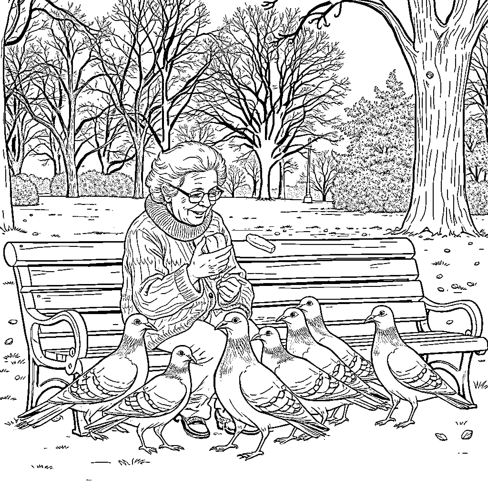 Lady feeding ducks on a park bench Coloring Page (free black-and-white line drawing printable PDF for all, from beginners to advanced learners, including children, teens, adults, and seniors)
