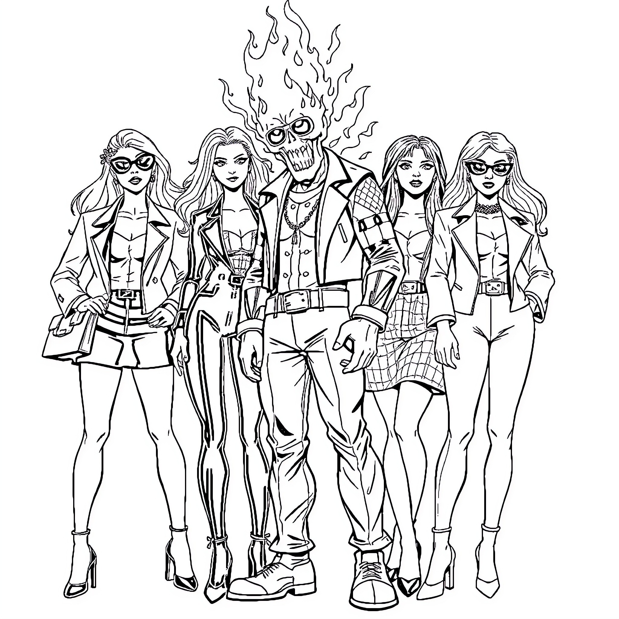 Ghost Rider characters in fiery outfits and accessories Coloring Page (free black-and-white line drawing printable PDF for all, from beginners to advanced learners, including children, teens, adults, and seniors)