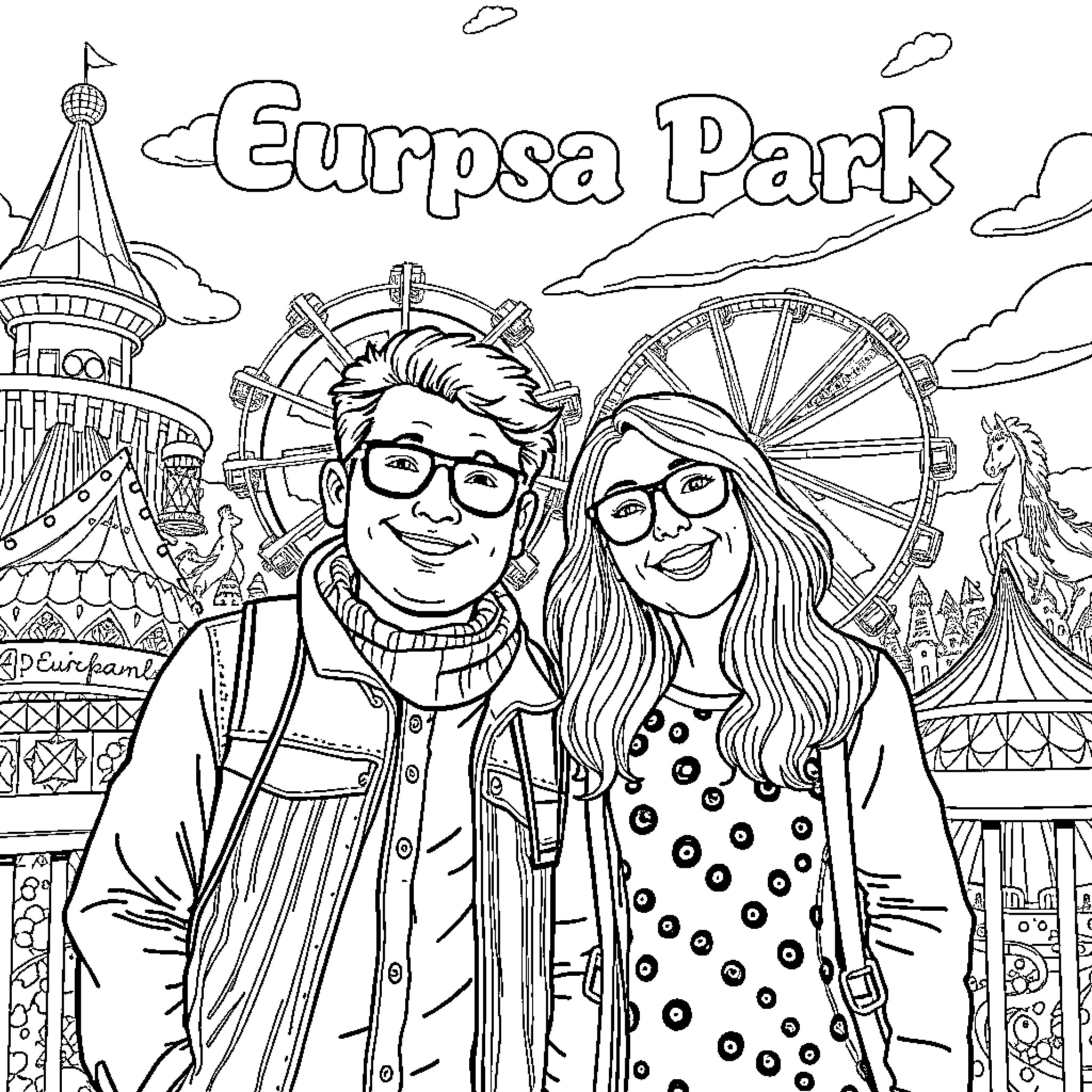 Ed and friend explore the Eurpsa Park Coloring Page (free black-and-white line drawing printable PDF for all, from beginners to advanced learners, including children, teens, adults, and seniors)