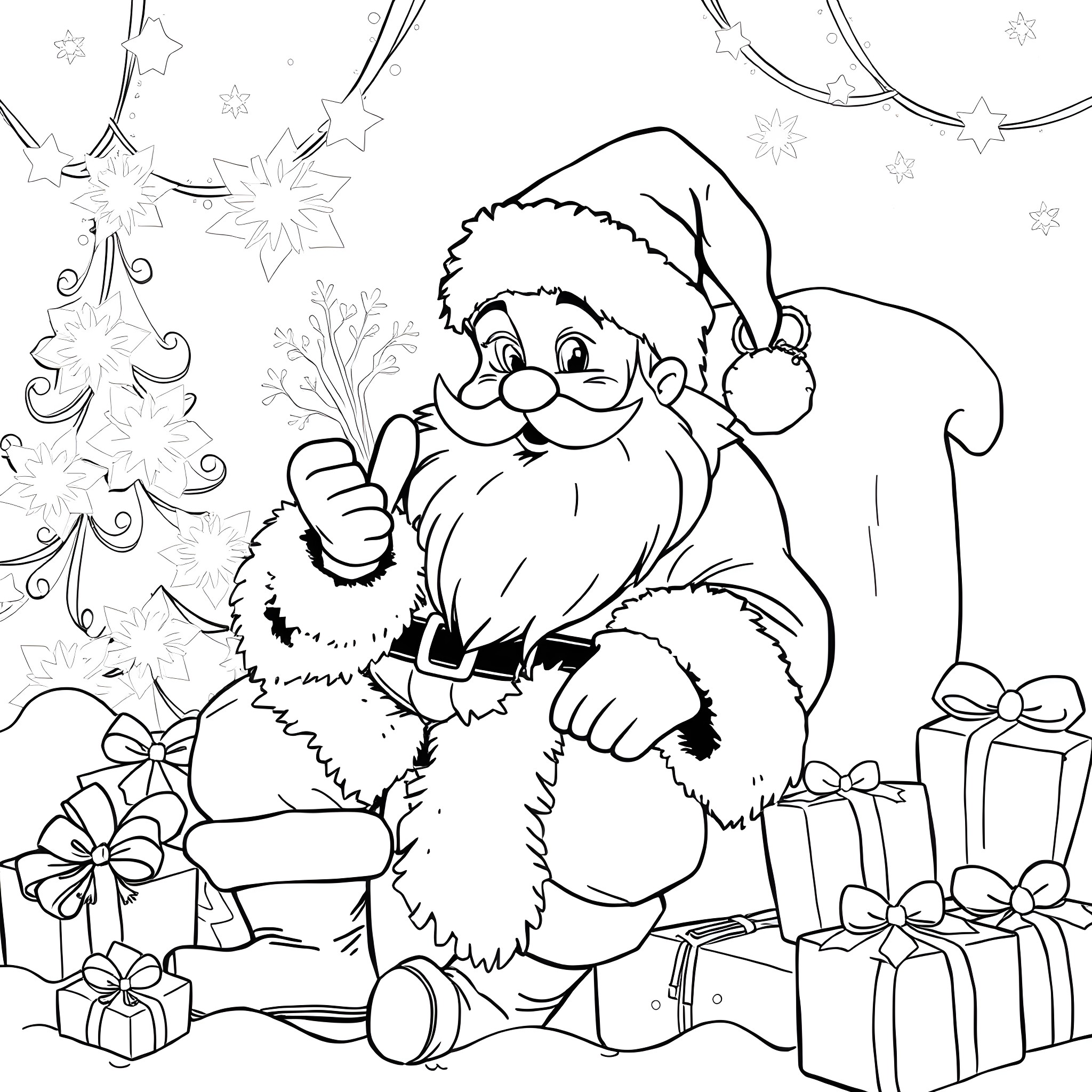 Jack Frost playing with gifts and decorations Coloring Page (free black-and-white line drawing printable PDF for all, from beginners to advanced learners, including children, teens, adults, and seniors)