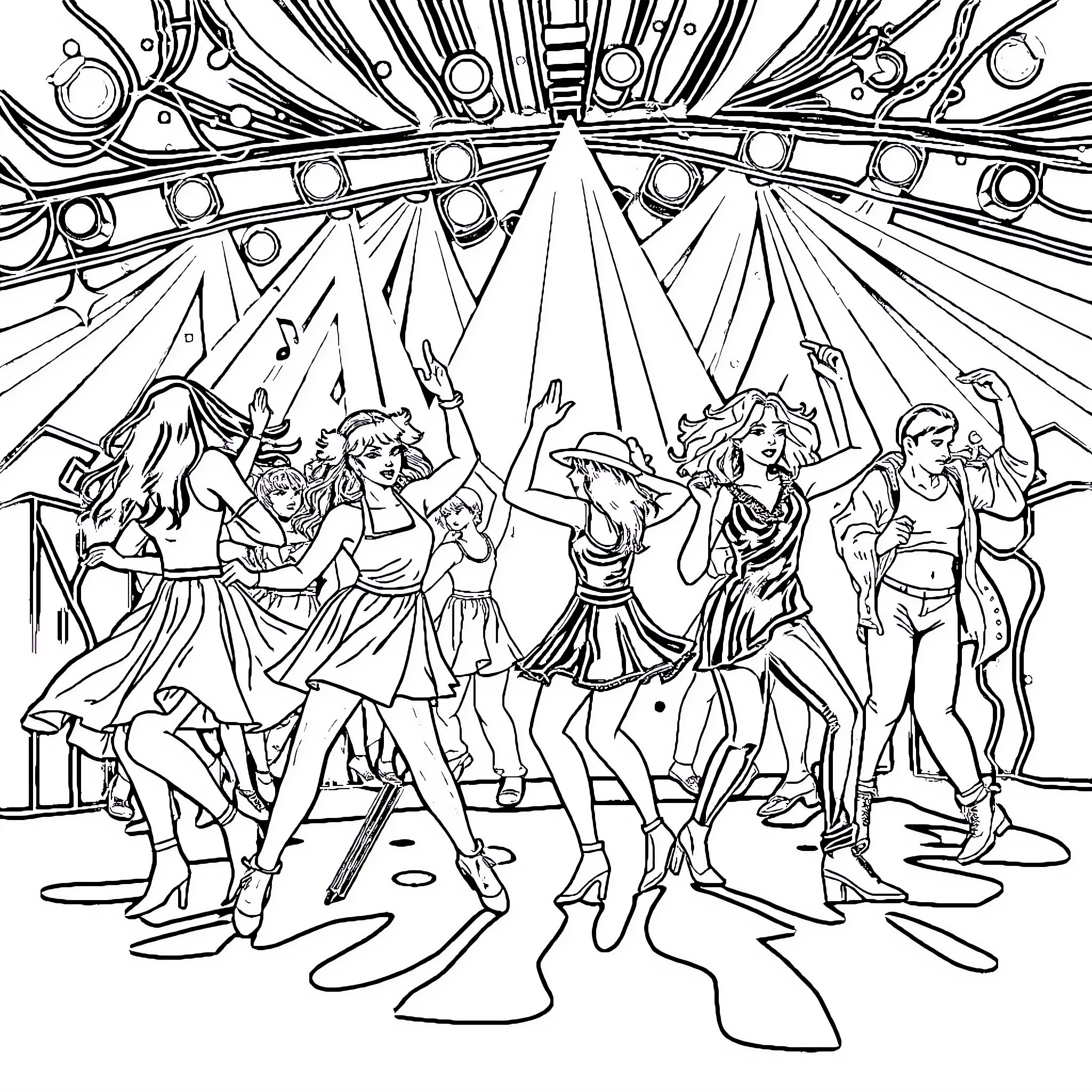 Sonic Characters Performing on Stage Coloring Page (free black-and-white line drawing printable PDF for all, from beginners to advanced learners, including children, teens, adults, and seniors)