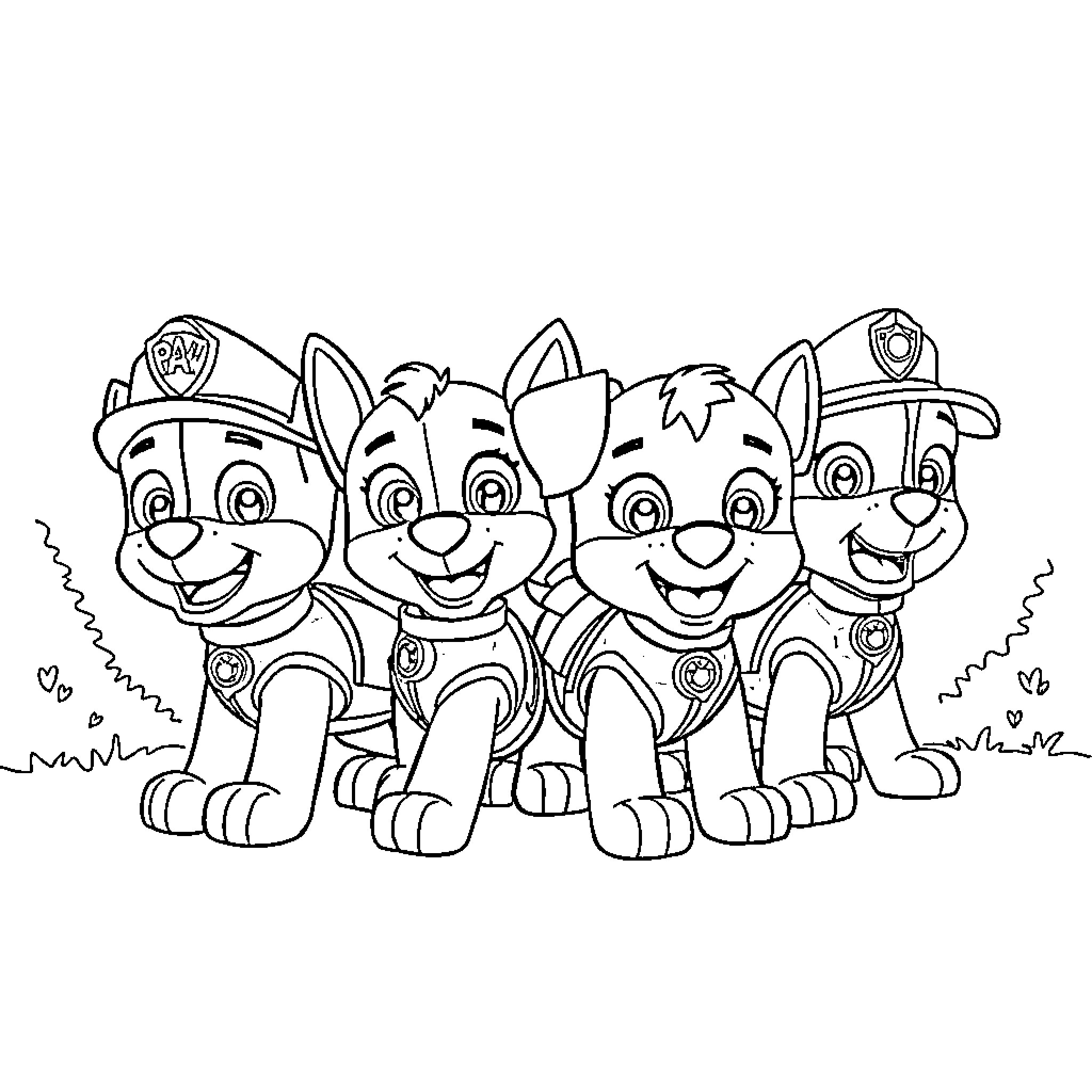 Paw Patrol Puppies Smiling and Posing Together Coloring Page (free black-and-white line drawing printable PDF for all, from beginners to advanced learners, including children, teens, adults, and seniors)