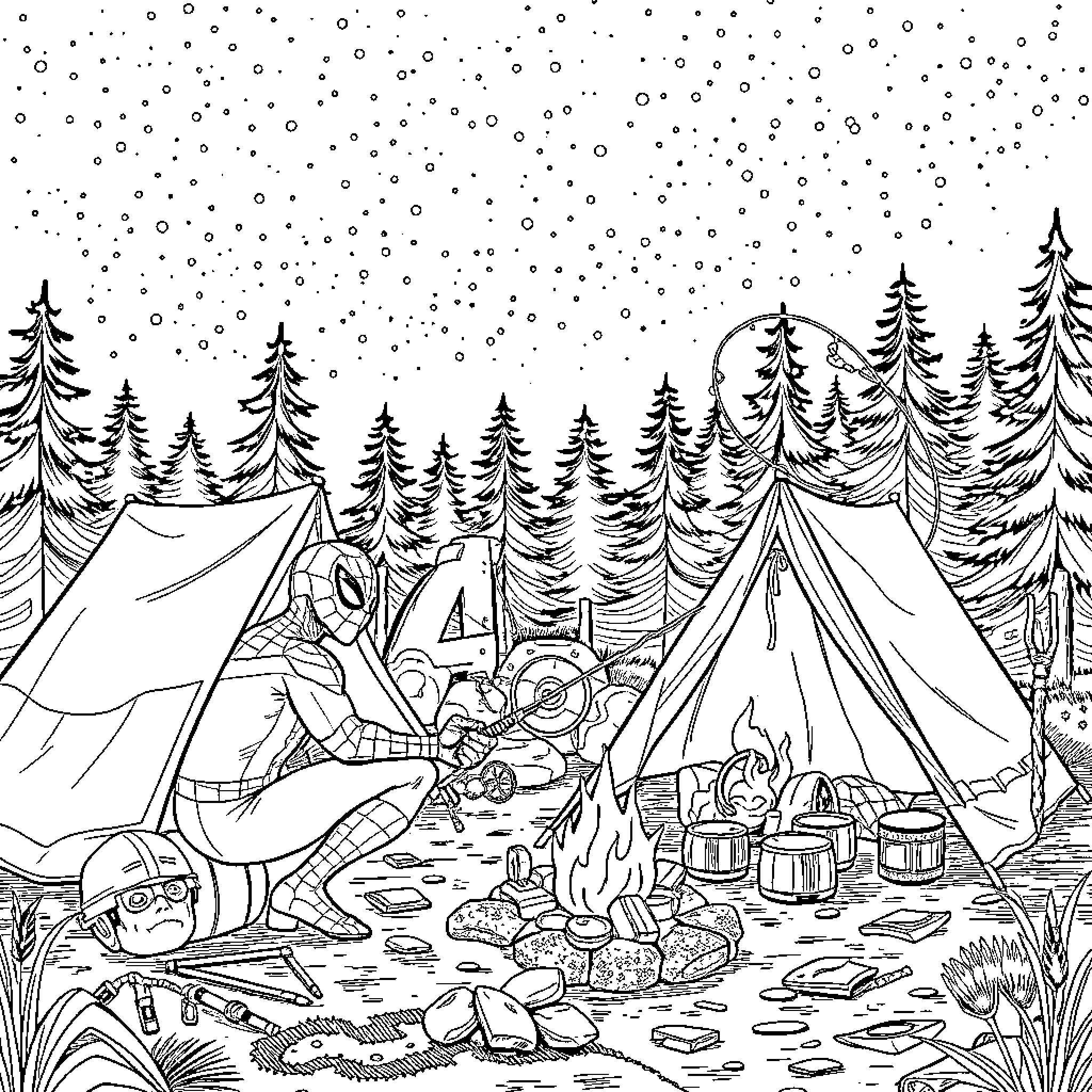 Avengers Assemble: A Cozy Camping Adventure Coloring Page (free black-and-white line drawing printable PDF for all, from beginners to advanced learners, including children, teens, adults, and seniors)