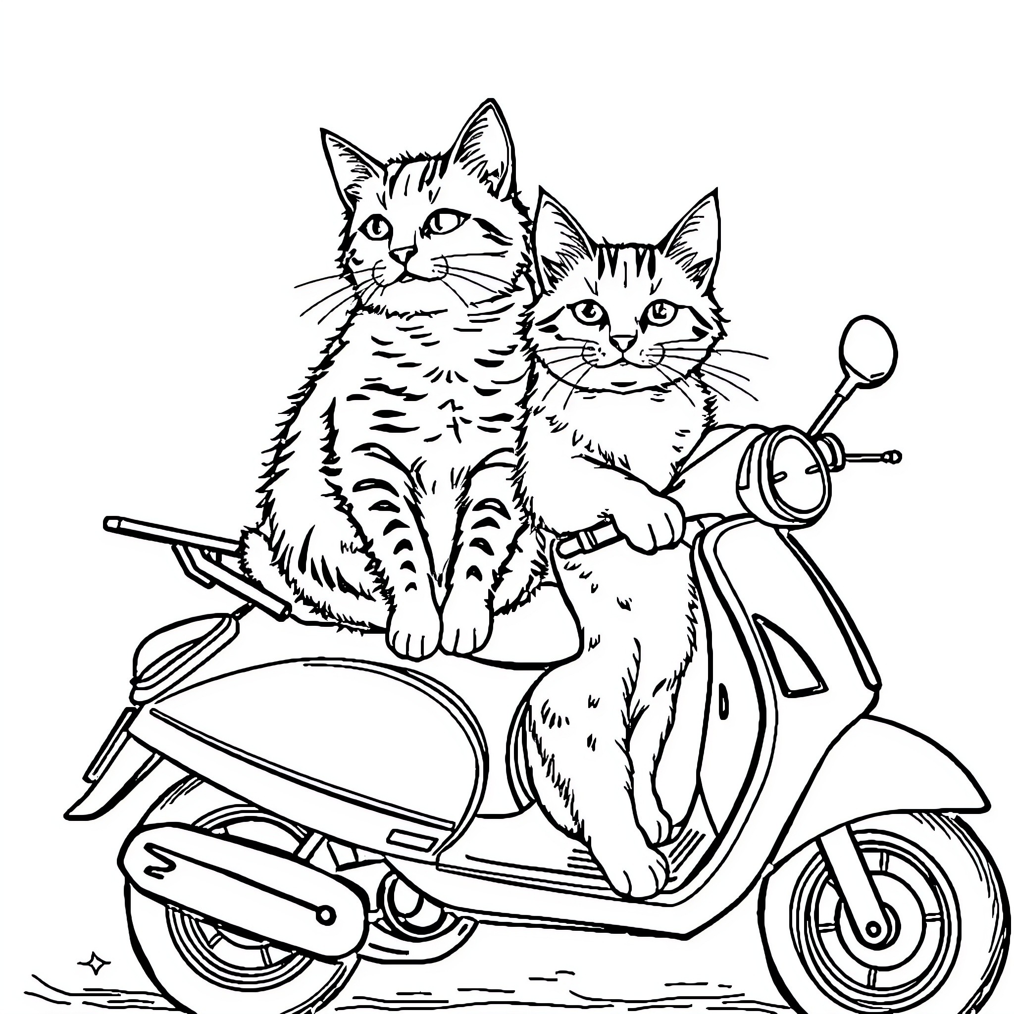 Cats riding a scooter together Coloring Page (free black-and-white line drawing printable PDF for all, from beginners to advanced learners, including children, teens, adults, and seniors)