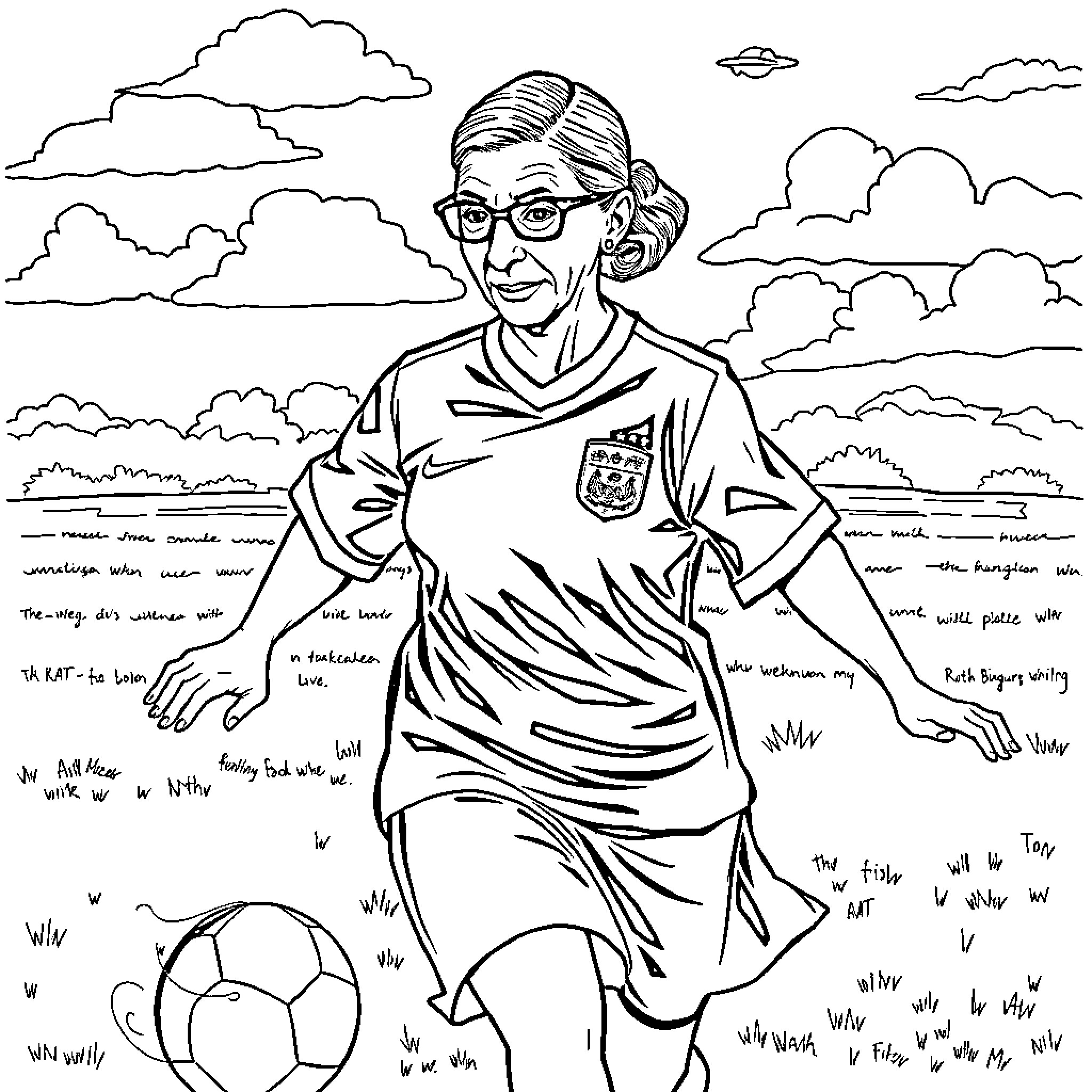 Ruth Bader Ginsburg playing soccer in the park Coloring Page (free black-and-white line drawing printable PDF for all, from beginners to advanced learners, including children, teens, adults, and seniors)