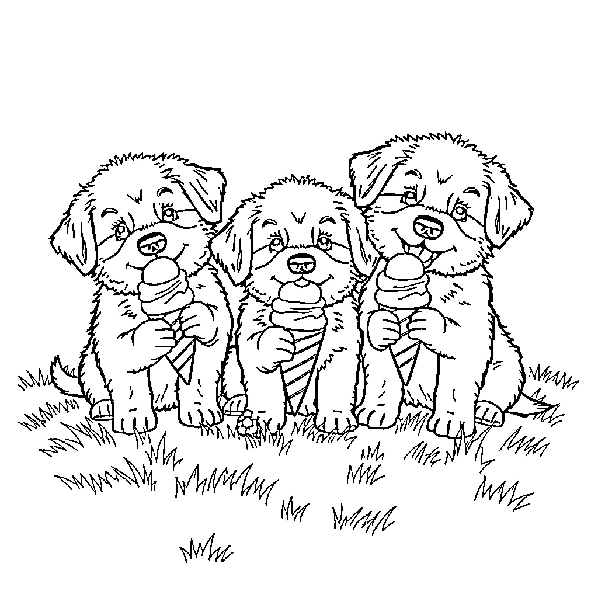 Puppy pals enjoying ice cream treats Coloring Page (free black-and-white line drawing printable PDF for all, from beginners to advanced learners, including children, teens, adults, and seniors)
